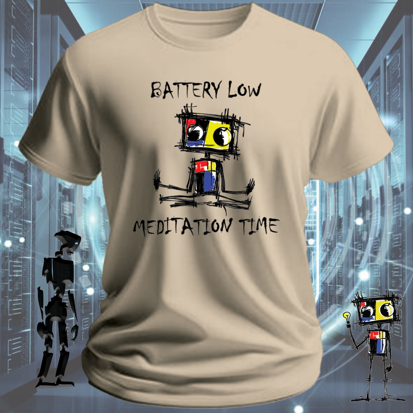 Battery Low funny tech t-shirt for IT professionals and developers — flat lay | inkit.design