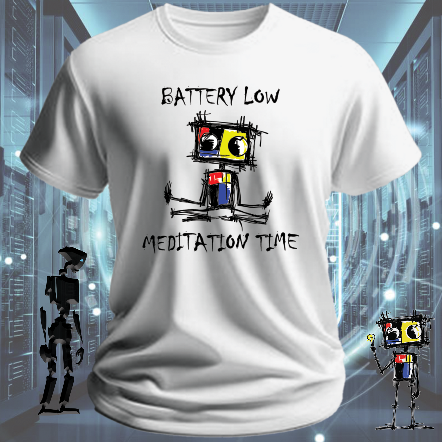 Battery Low funny tech t-shirt for IT professionals and developers — detail view | inkit.design