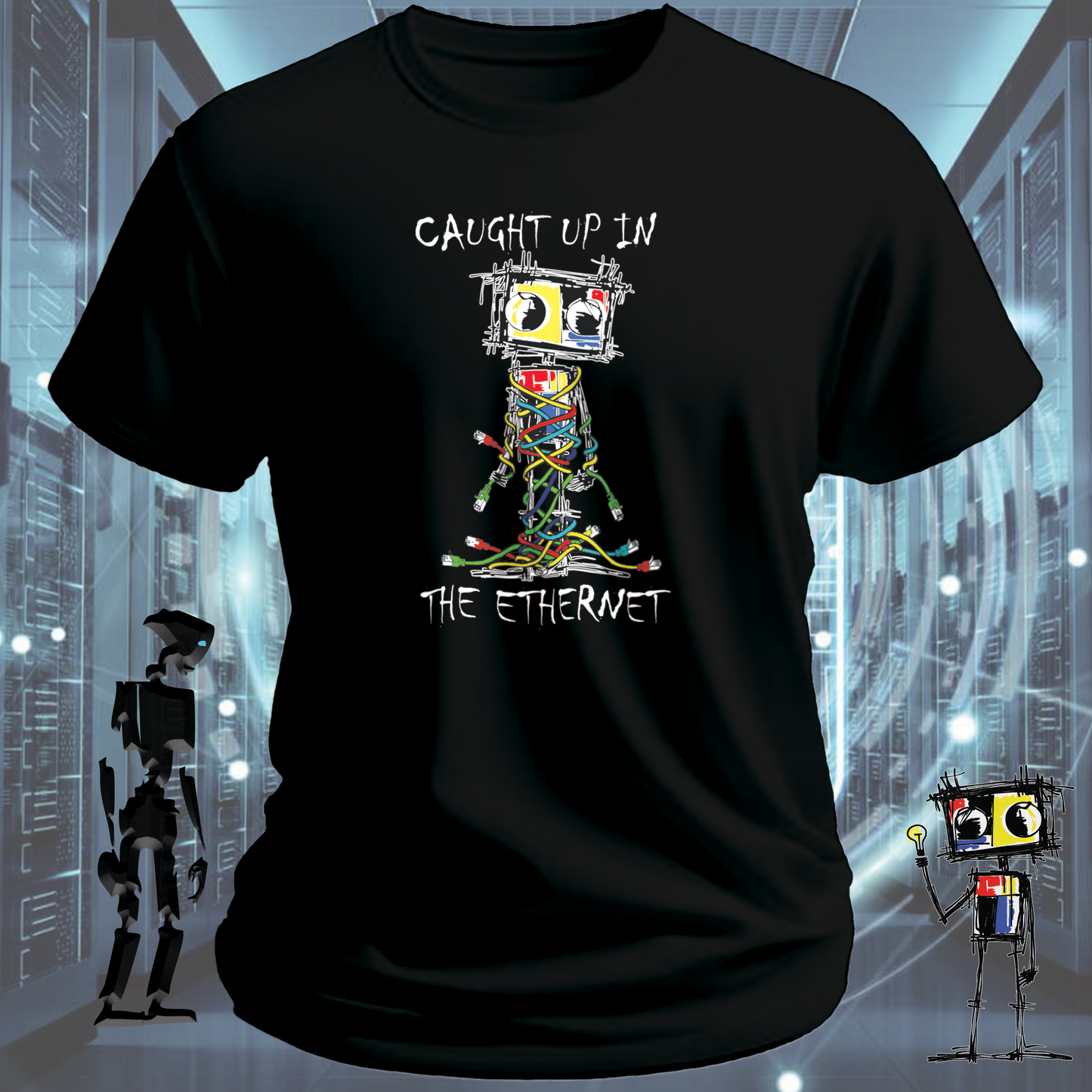 Caught Up graphic t-shirt from the inkit.design Roboto range — lifestyle shot