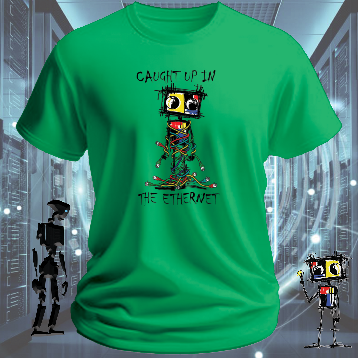 Caught Up graphic t-shirt from the inkit.design Roboto range — worn view