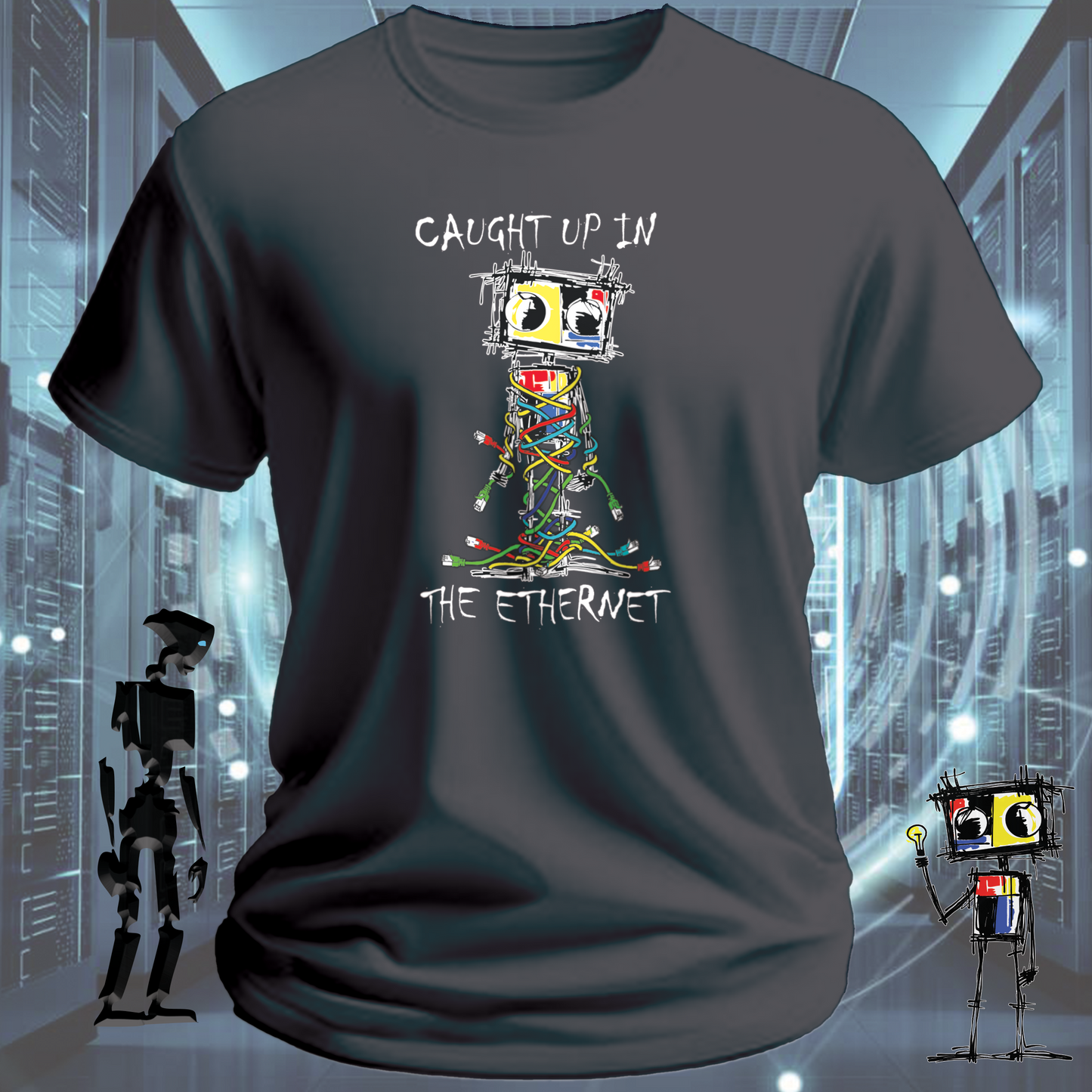 Caught Up graphic t-shirt from the inkit.design Roboto range — studio shot