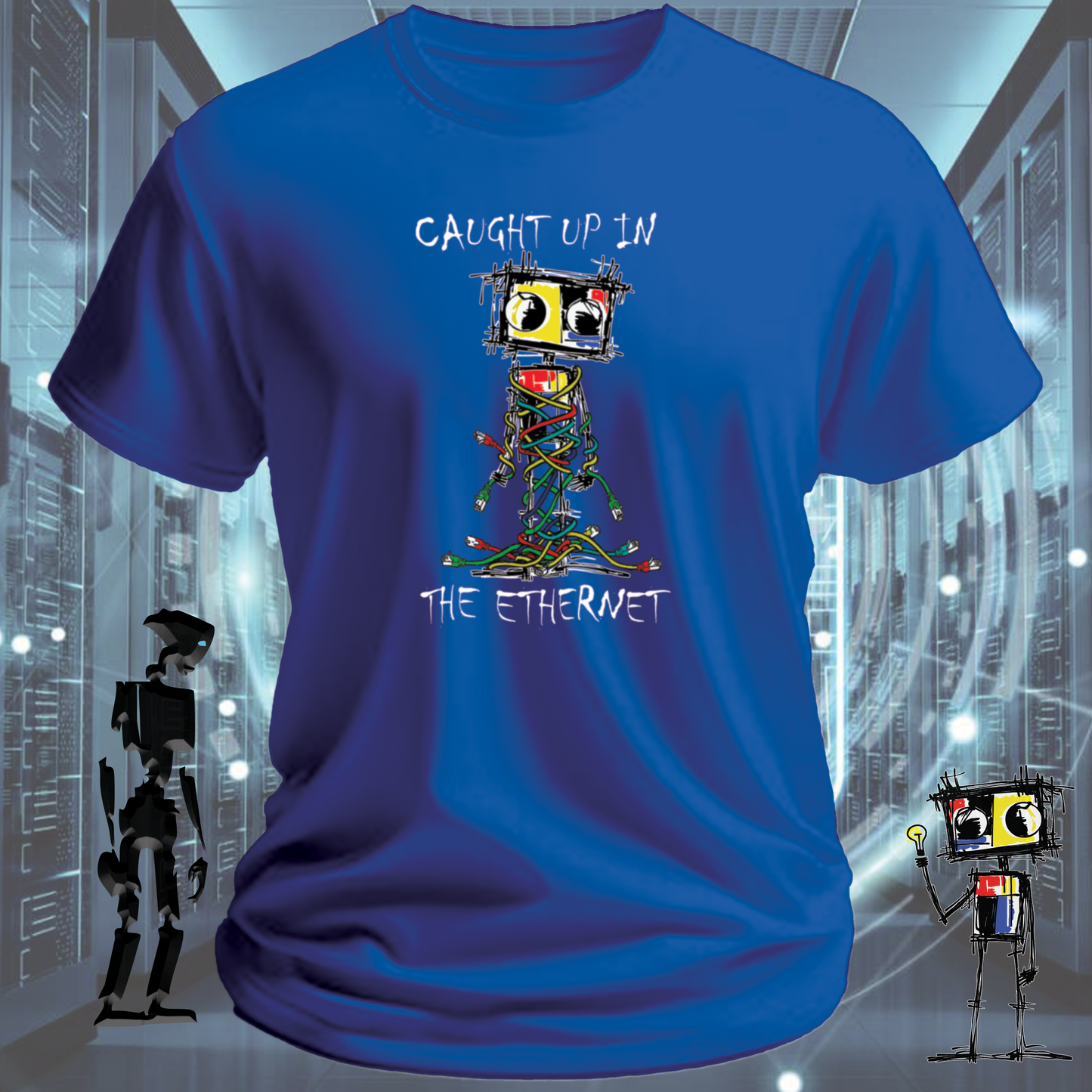 Caught Up graphic t-shirt from the inkit.design Roboto range — detail view