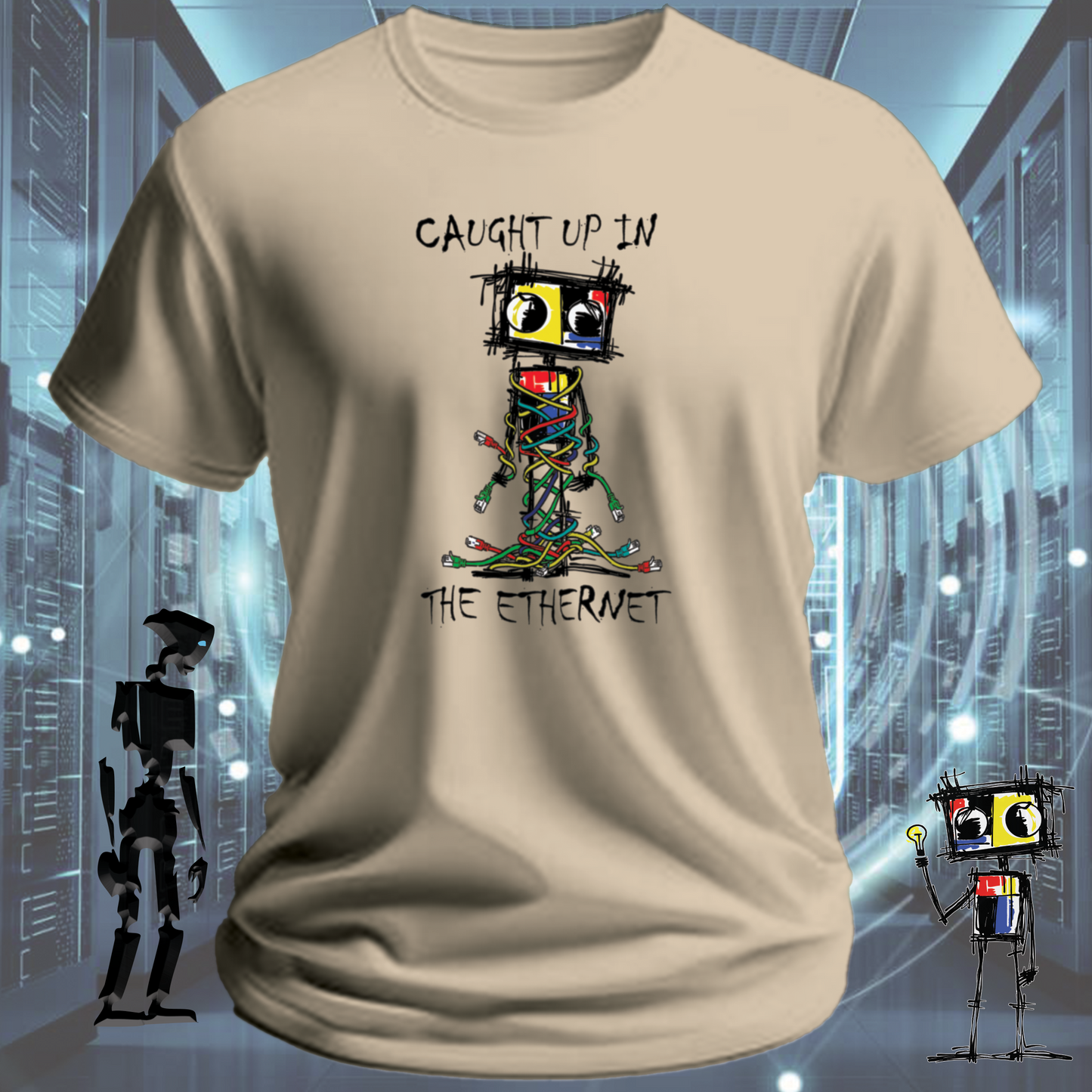 Caught Up graphic t-shirt from the inkit.design Roboto range — close up