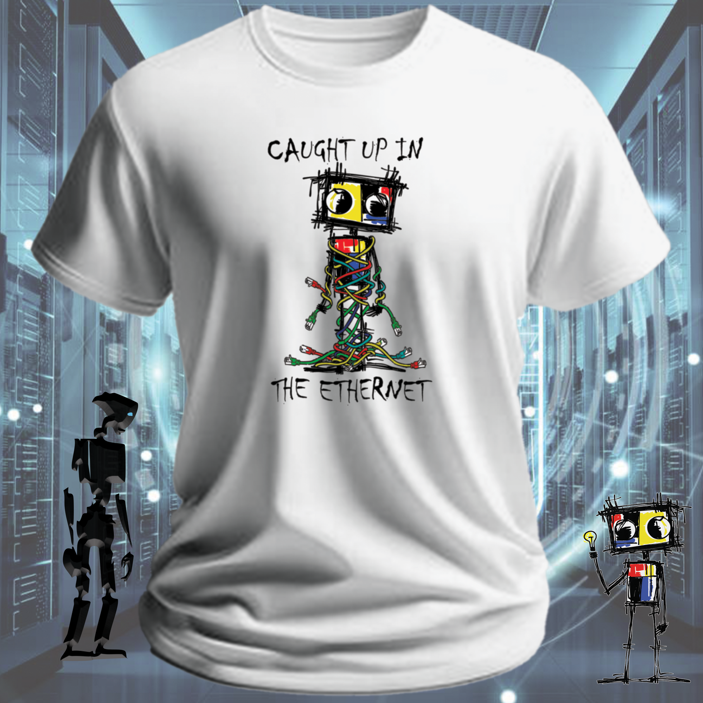 Caught Up graphic t-shirt from the inkit.design Roboto range — flat lay