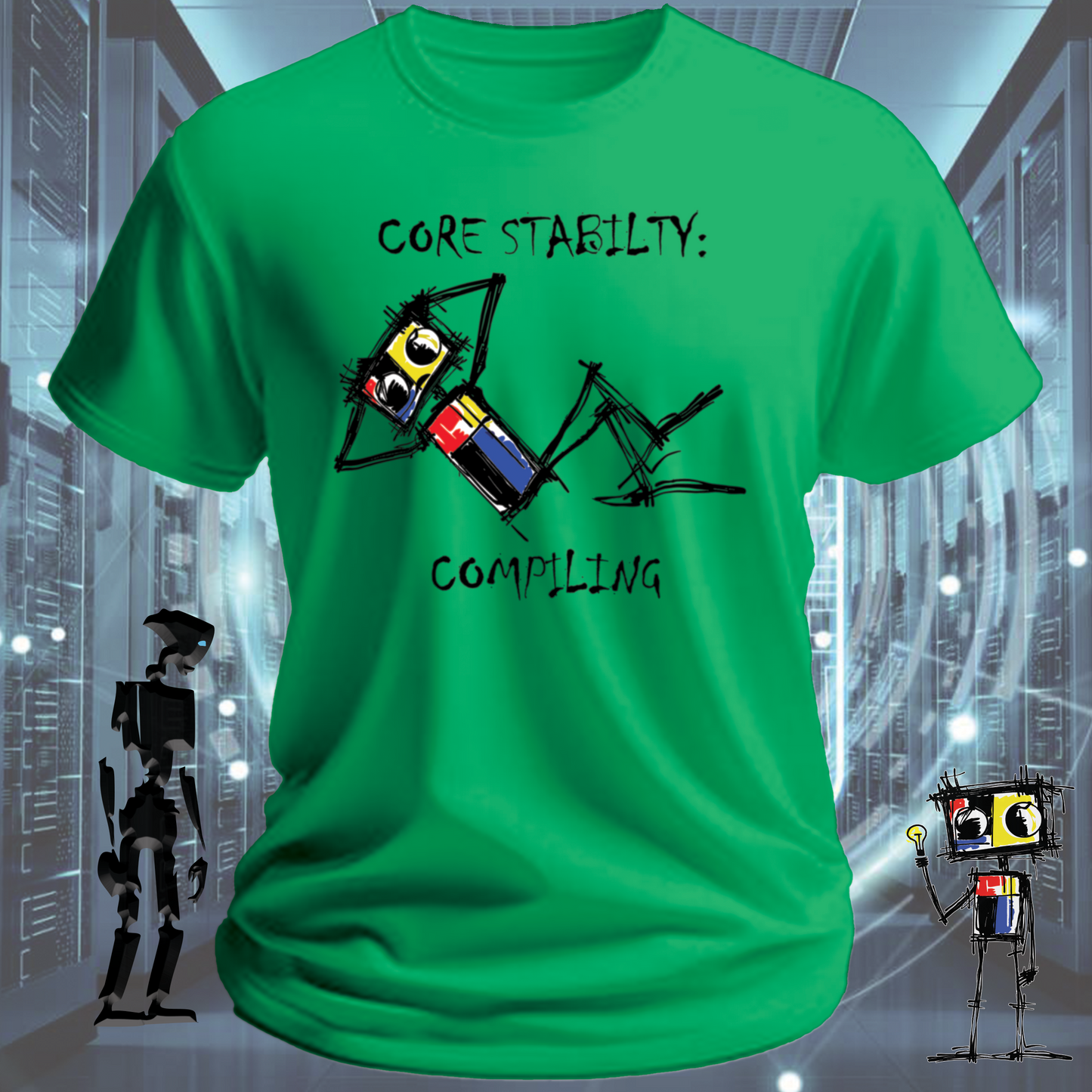 Core Stability funny tech t-shirt for engineers and developers — worn view | inkit.design
