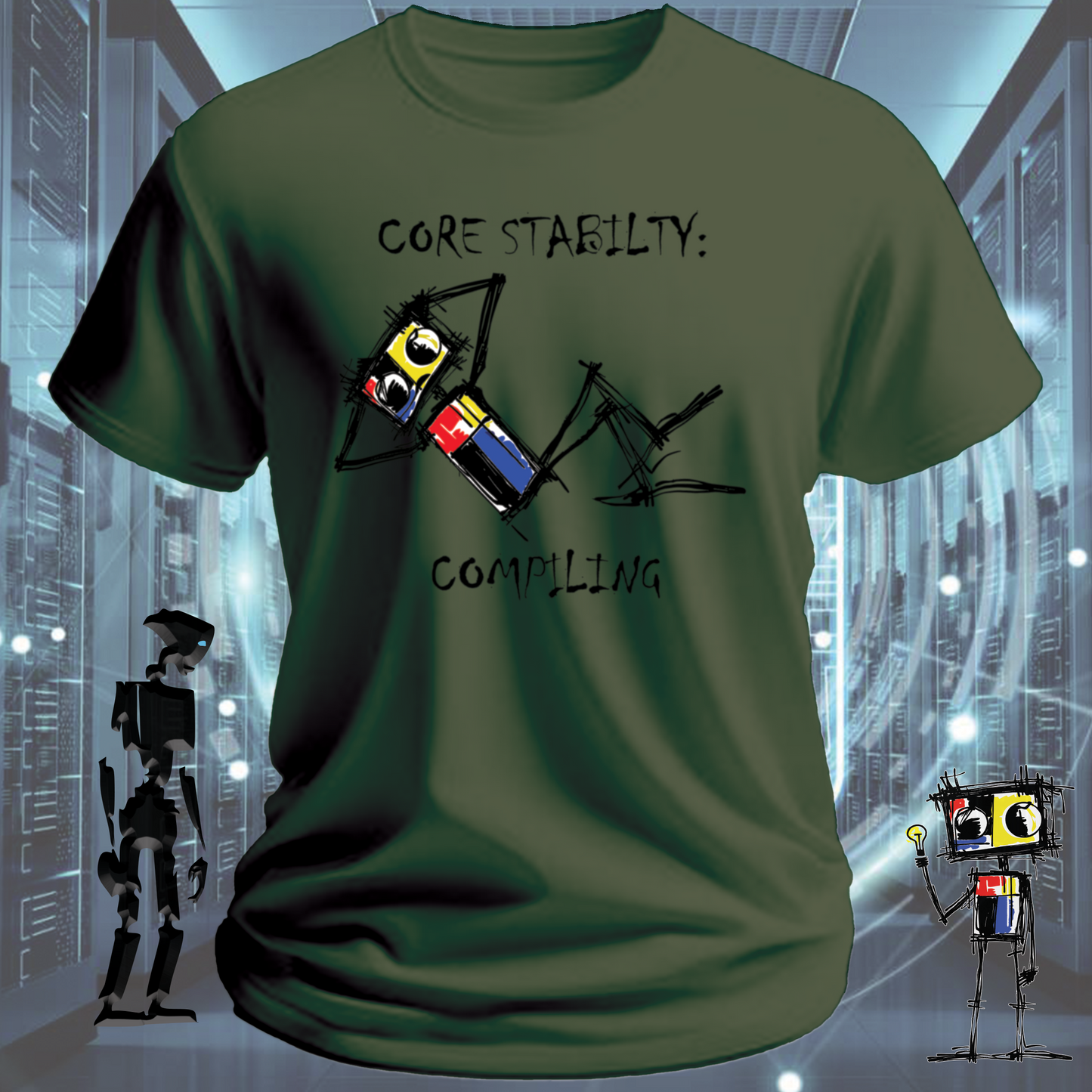 Core Stability funny tech t-shirt for engineers and developers — on model | inkit.design