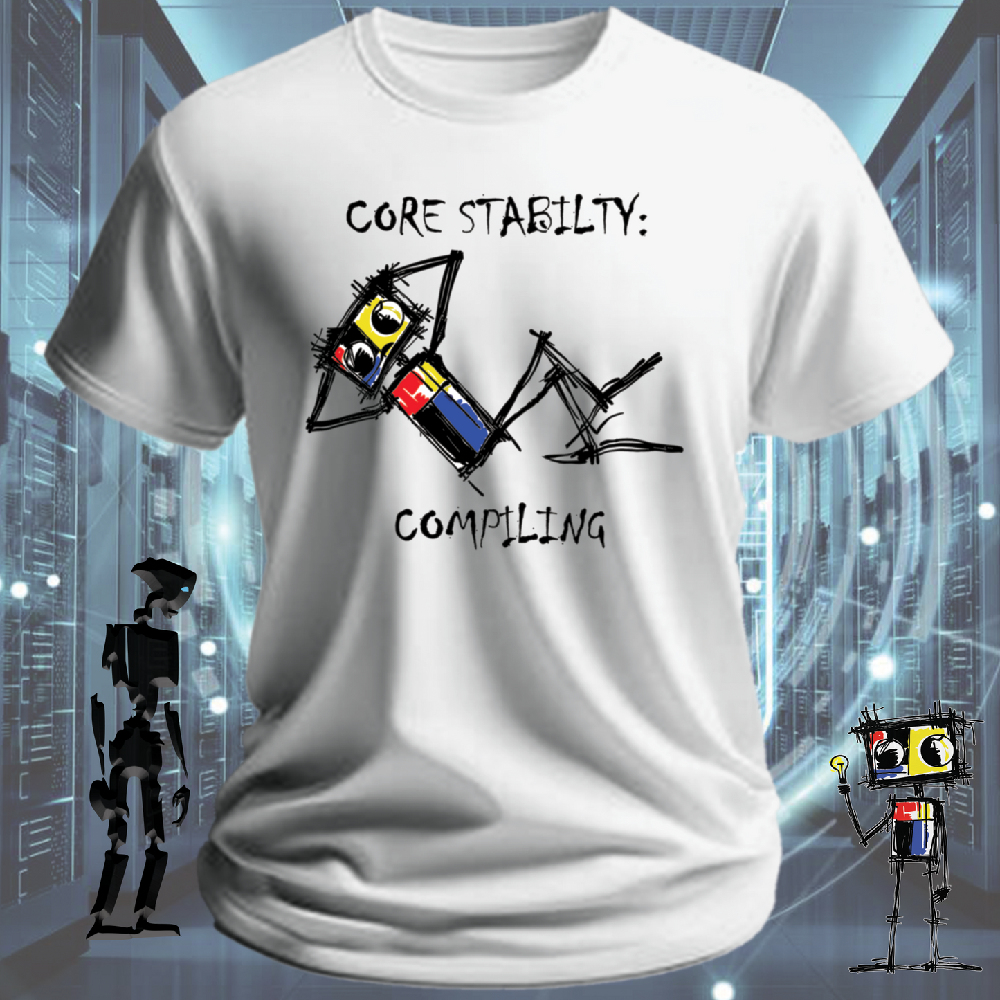 Core Stability funny tech t-shirt for engineers and developers — flat lay | inkit.design