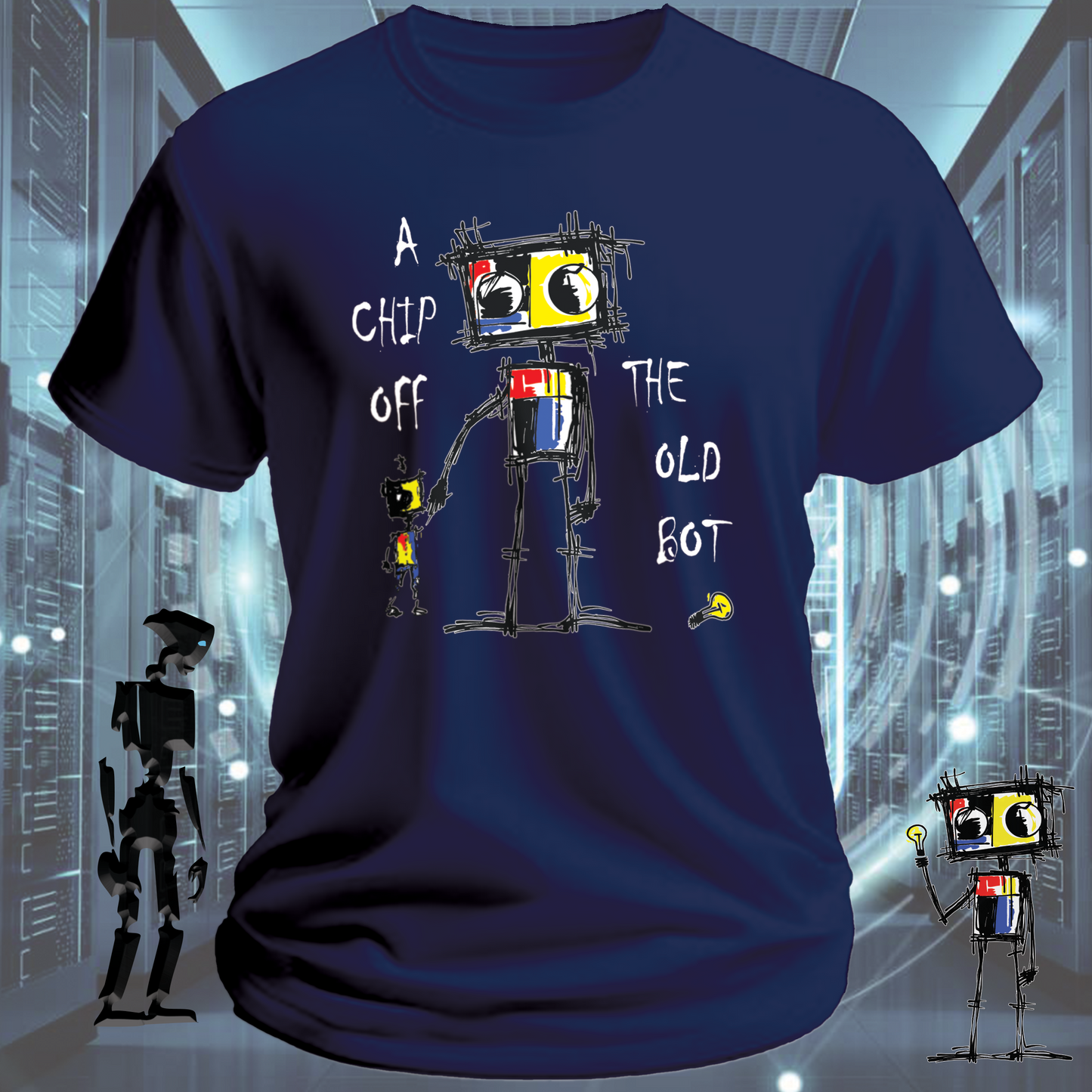 Chip Robot graphic t-shirt for electronics enthusiasts  Roboto range — on model | inkit.design