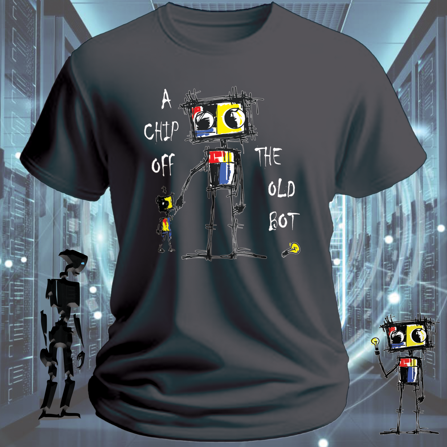 Chip Robot graphic t-shirt for electronics enthusiasts  Roboto range — studio shot | inkit.design