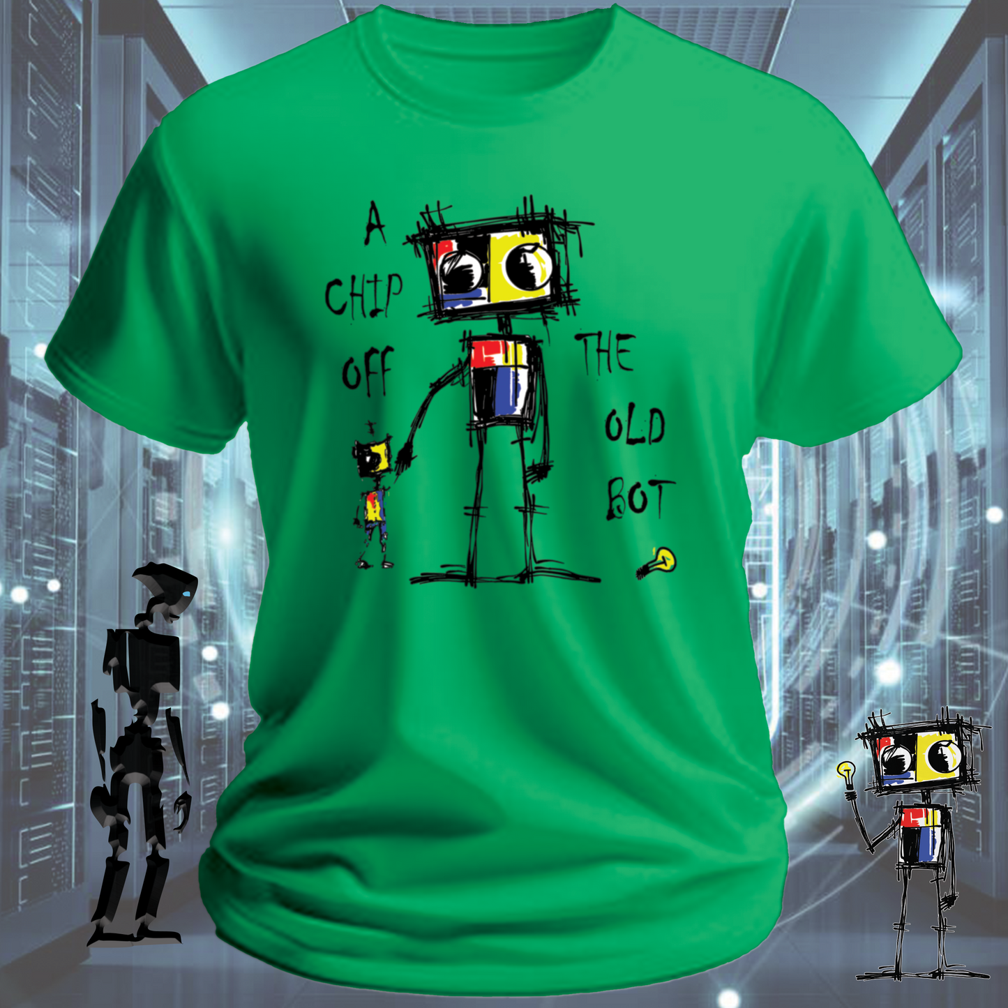 Chip Robot graphic t-shirt for electronics enthusiasts  Roboto range — worn view | inkit.design