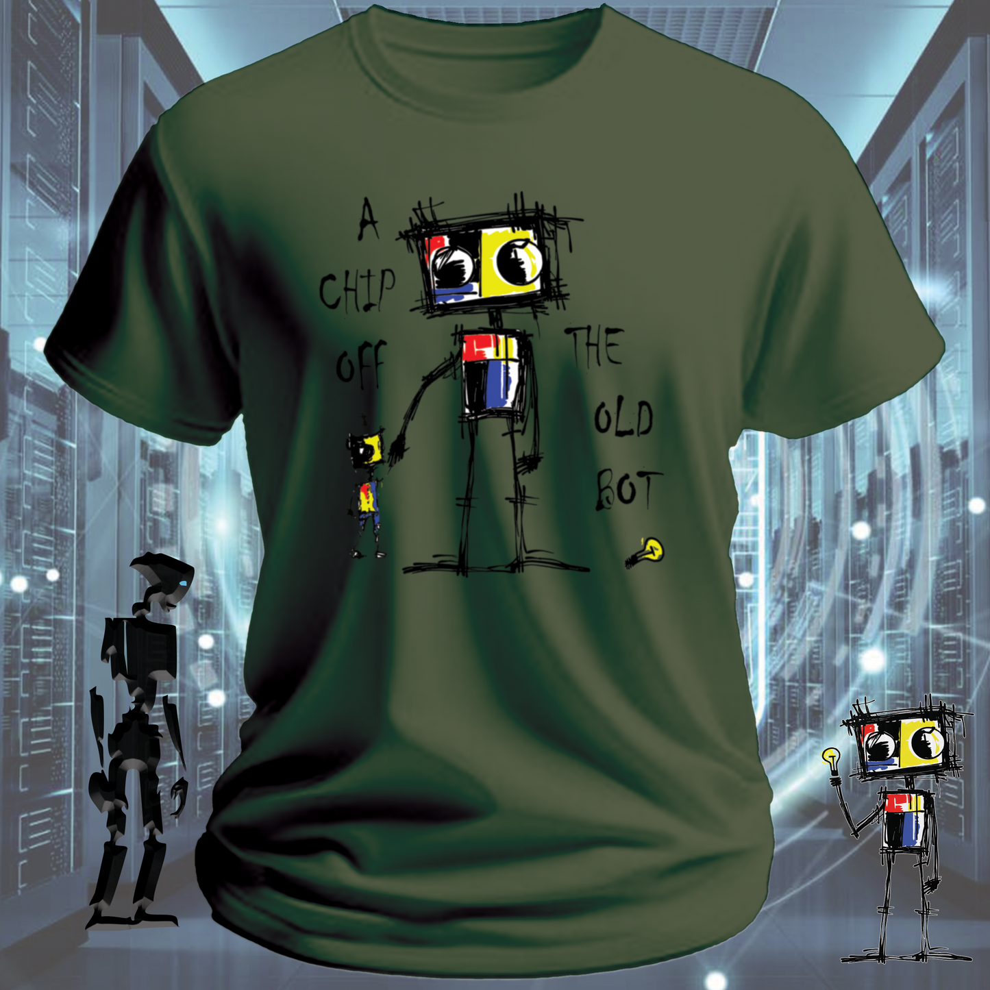 Chip Robot graphic t-shirt for electronics enthusiasts  Roboto range — close up | inkit.design