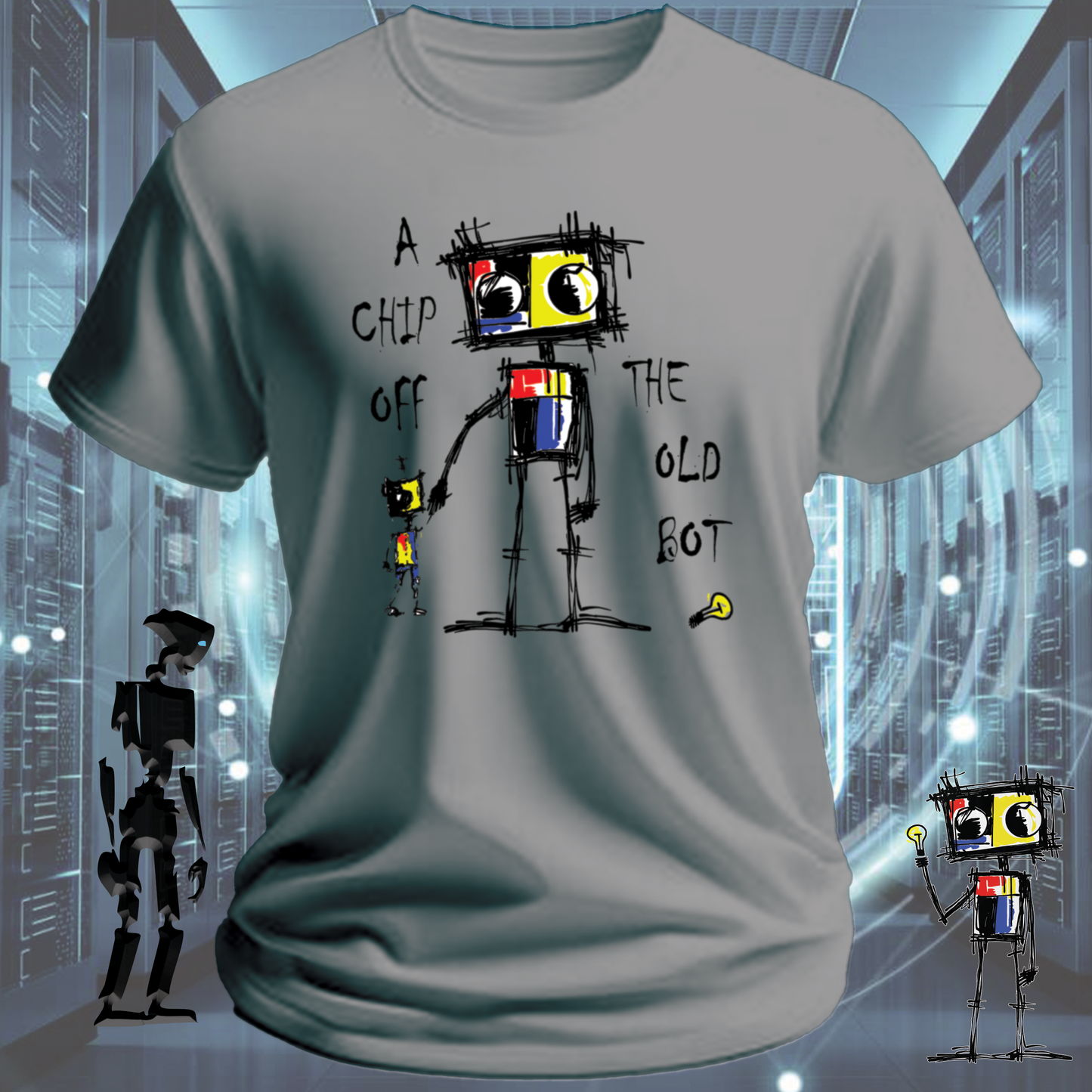 Chip Robot graphic t-shirt for electronics enthusiasts  Roboto range — detail view | inkit.design