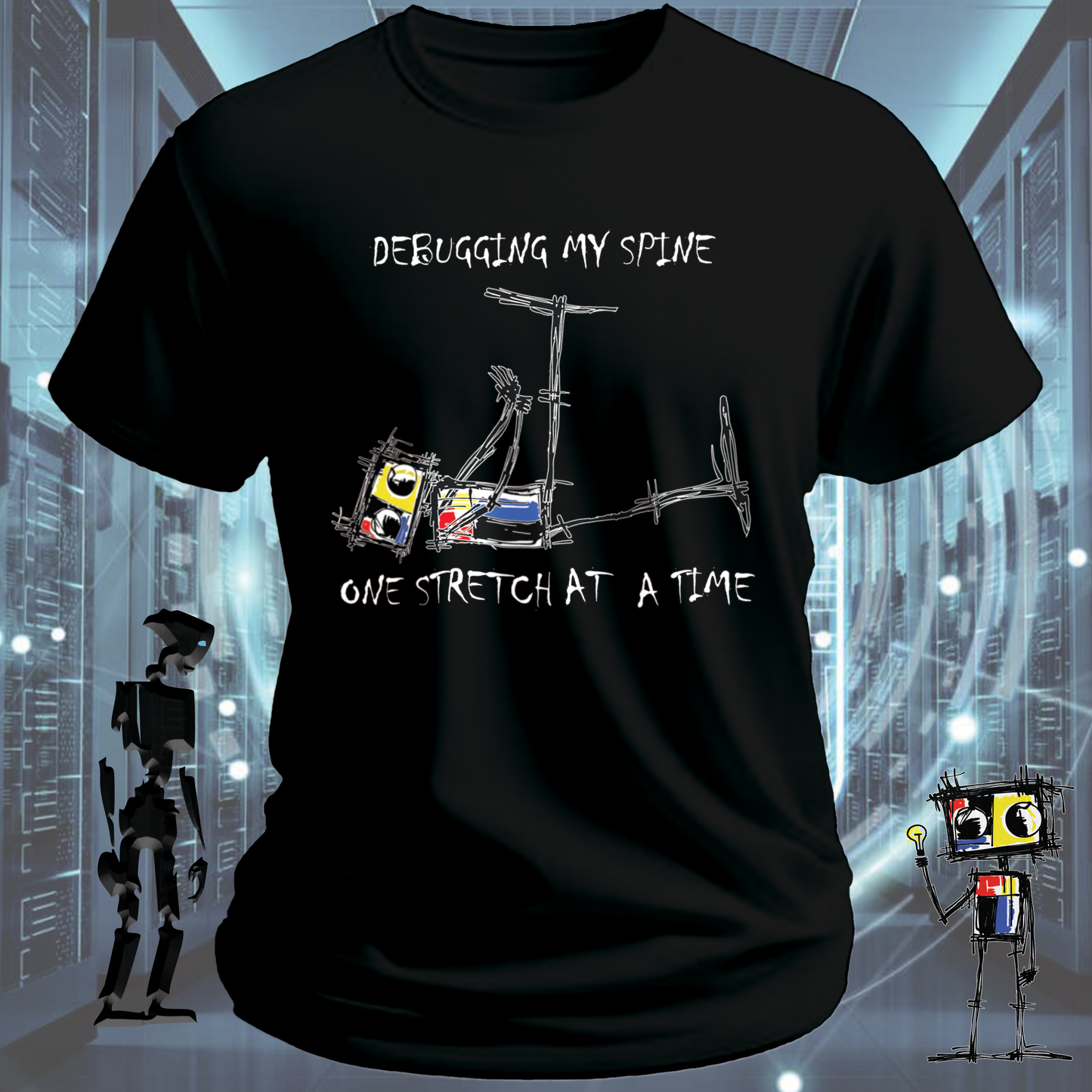 Debugging funny developer t-shirt for software engineers — lifestyle shot | inkit.design