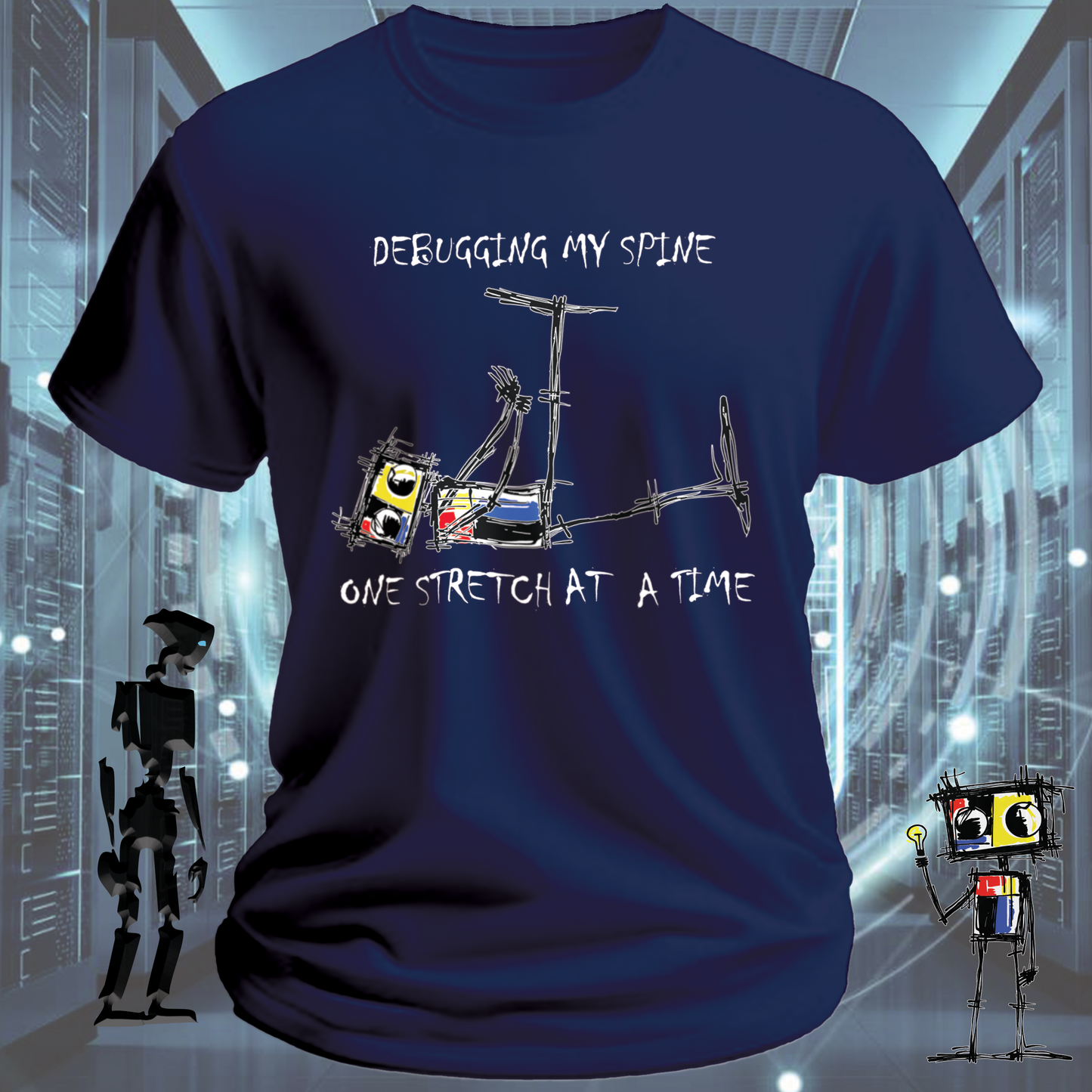 Debugging funny developer t-shirt for software engineers — close up | inkit.design