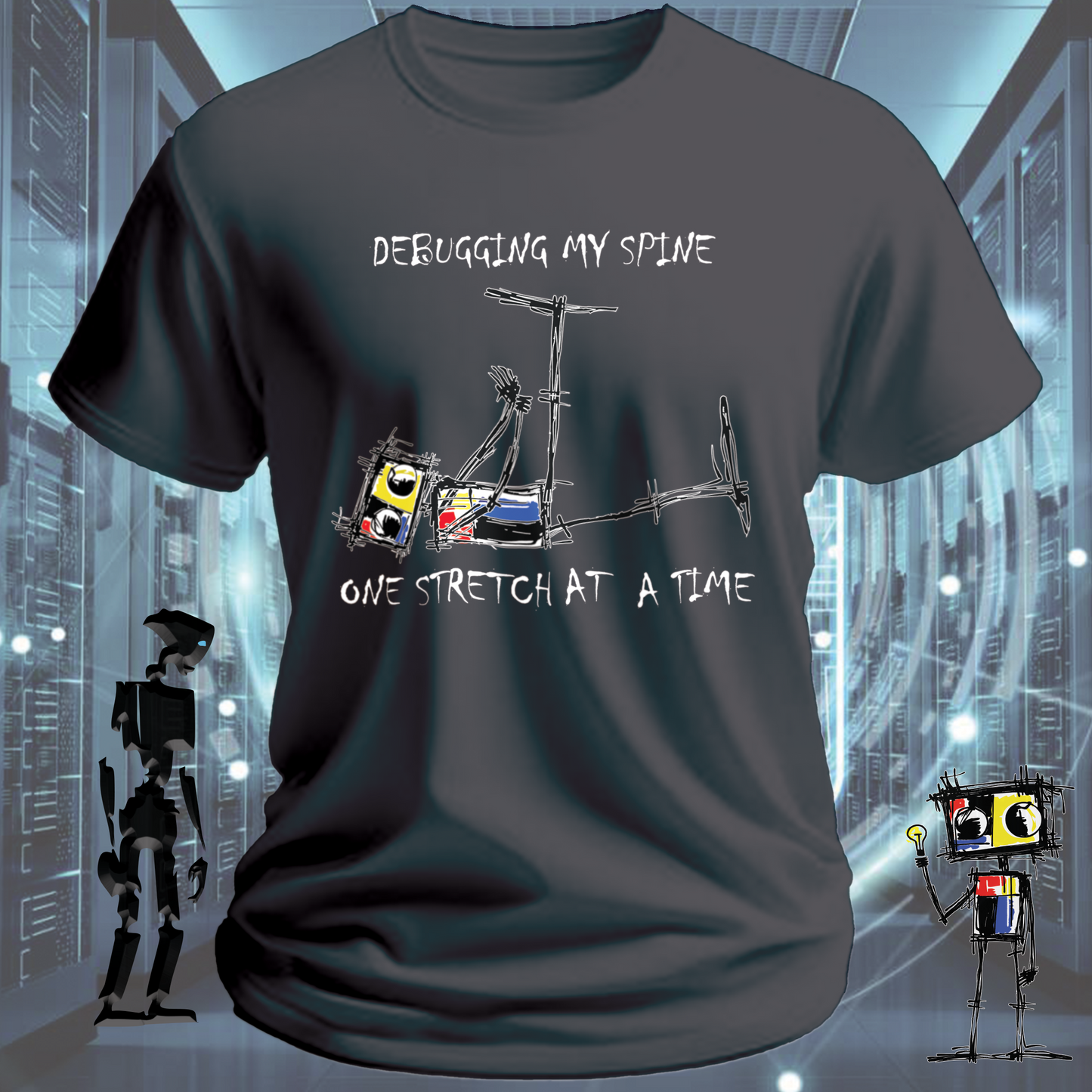 Debugging funny developer t-shirt for software engineers — studio shot | inkit.design