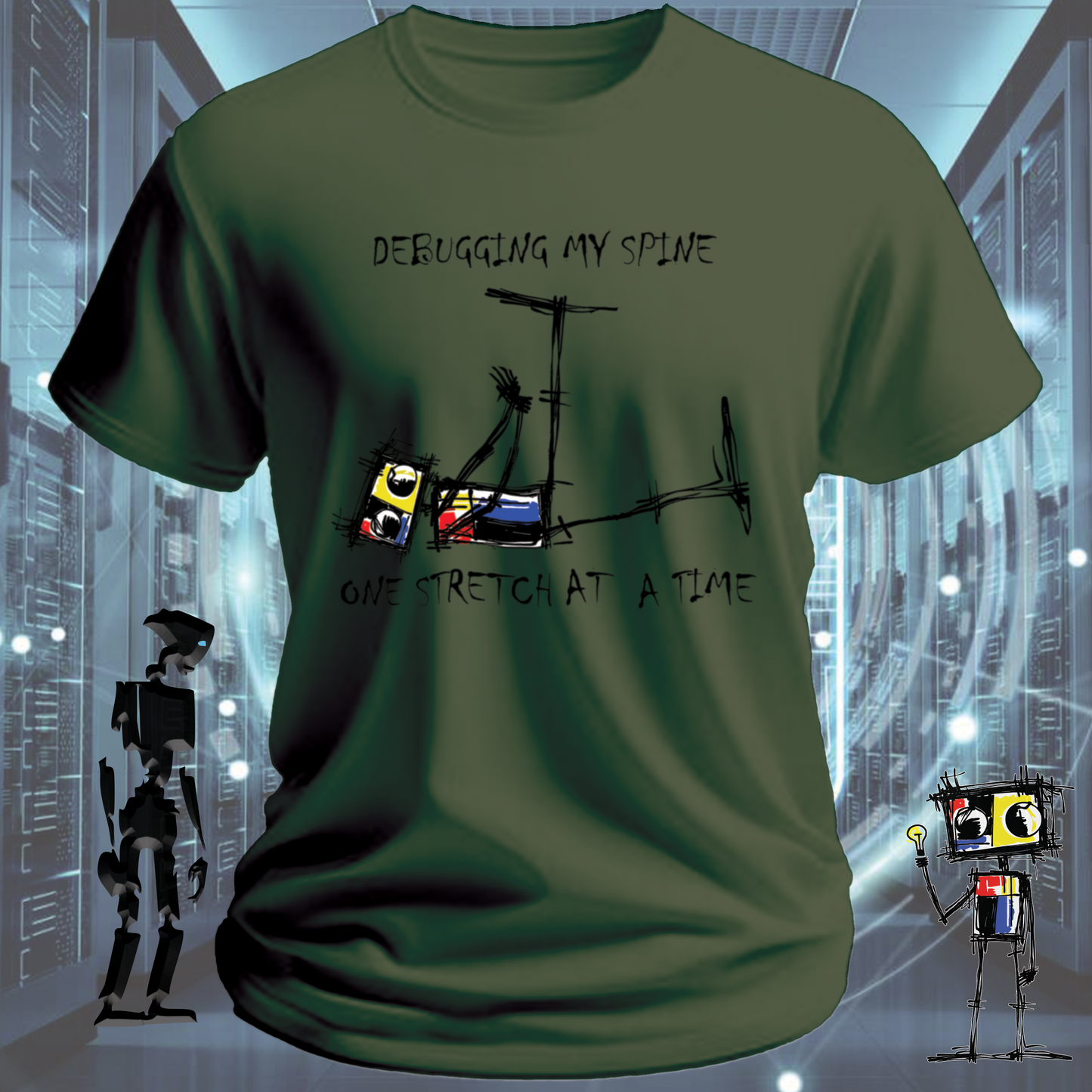 Debugging funny developer t-shirt for software engineers — on model | inkit.design