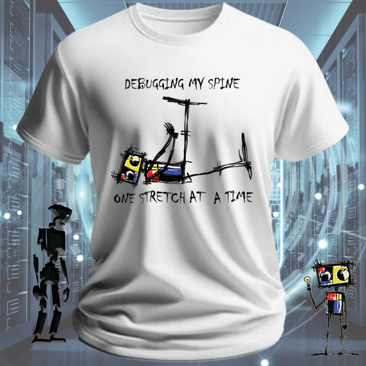 Debugging funny developer t-shirt for software engineers — detail view | inkit.design