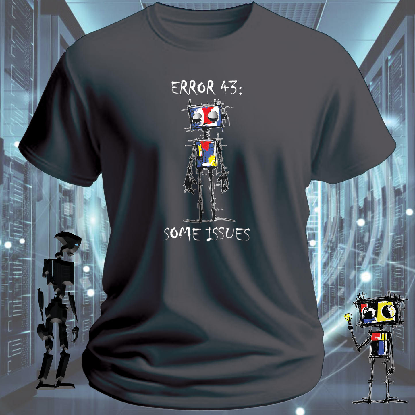 Error 43 funny IT t-shirt for hardware engineers and IT support — worn view | inkit.design