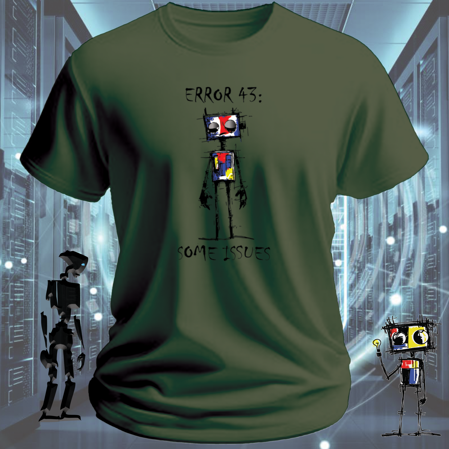 Error 43 funny IT t-shirt for hardware engineers and IT support — on model | inkit.design