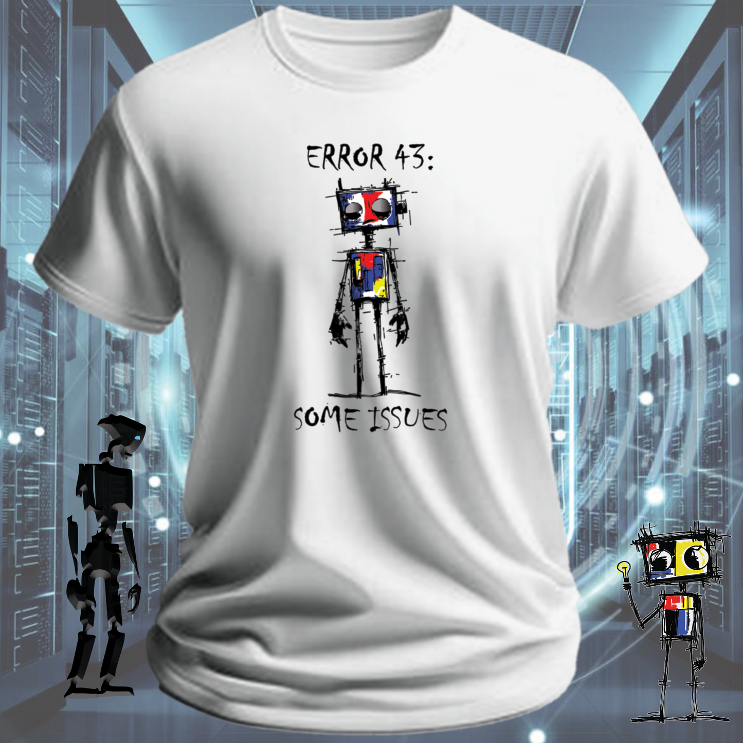 Error 43 funny IT t-shirt for hardware engineers and IT support — flat lay | inkit.design