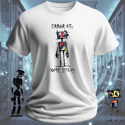 Error 43 funny IT t-shirt for hardware engineers and IT support — flat lay | inkit.design