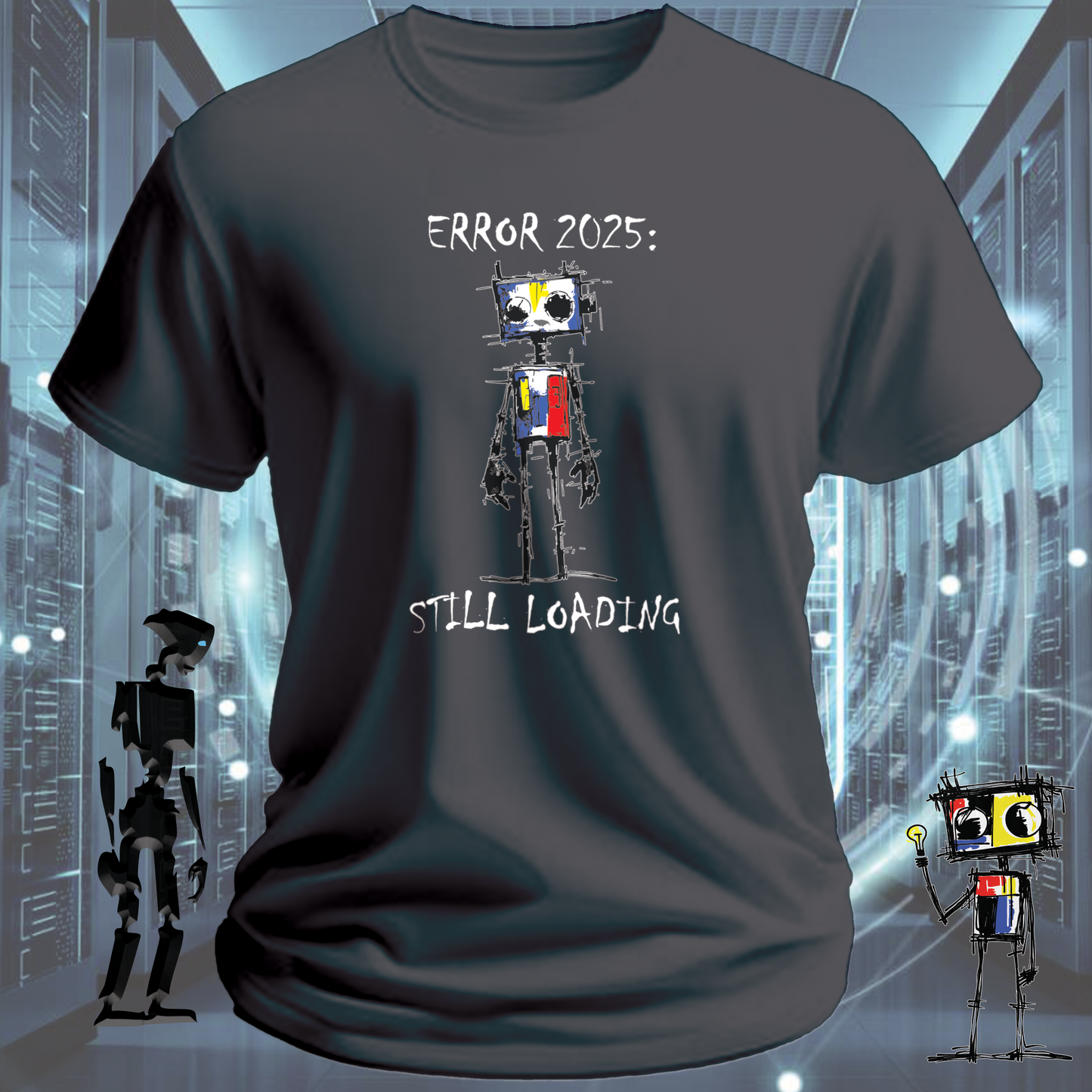 Error 2025 funny tech t-shirt for developers and IT professionals — worn view | inkit.design