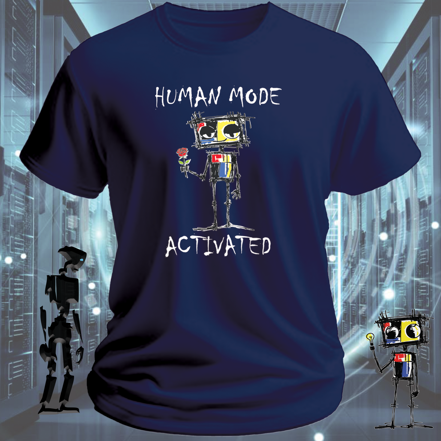 Human Mode funny robot t-shirt for tech workers and developers — studio shot | inkit.design