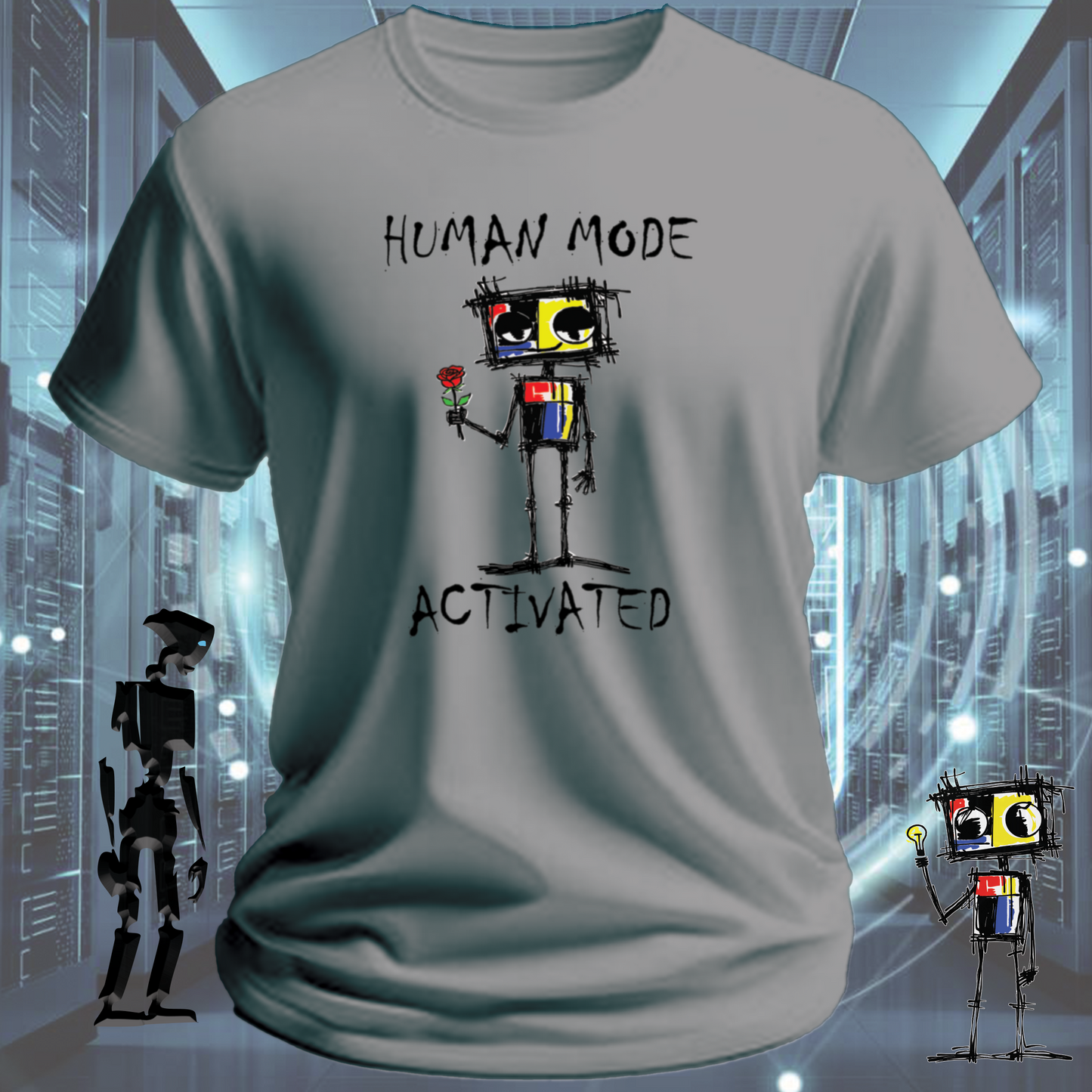 Human Mode funny robot t-shirt for tech workers and developers — back view | inkit.design