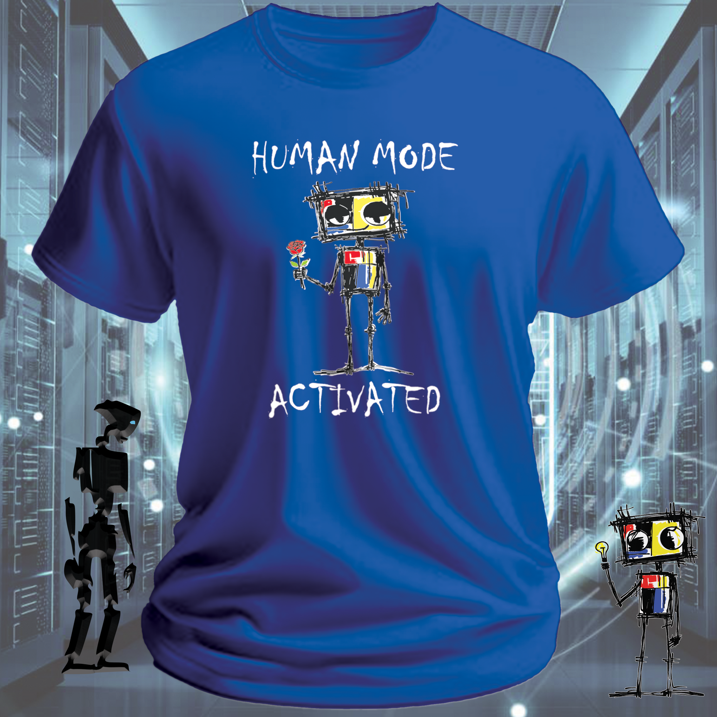 Human Mode funny robot t-shirt for tech workers and developers — detail view | inkit.design