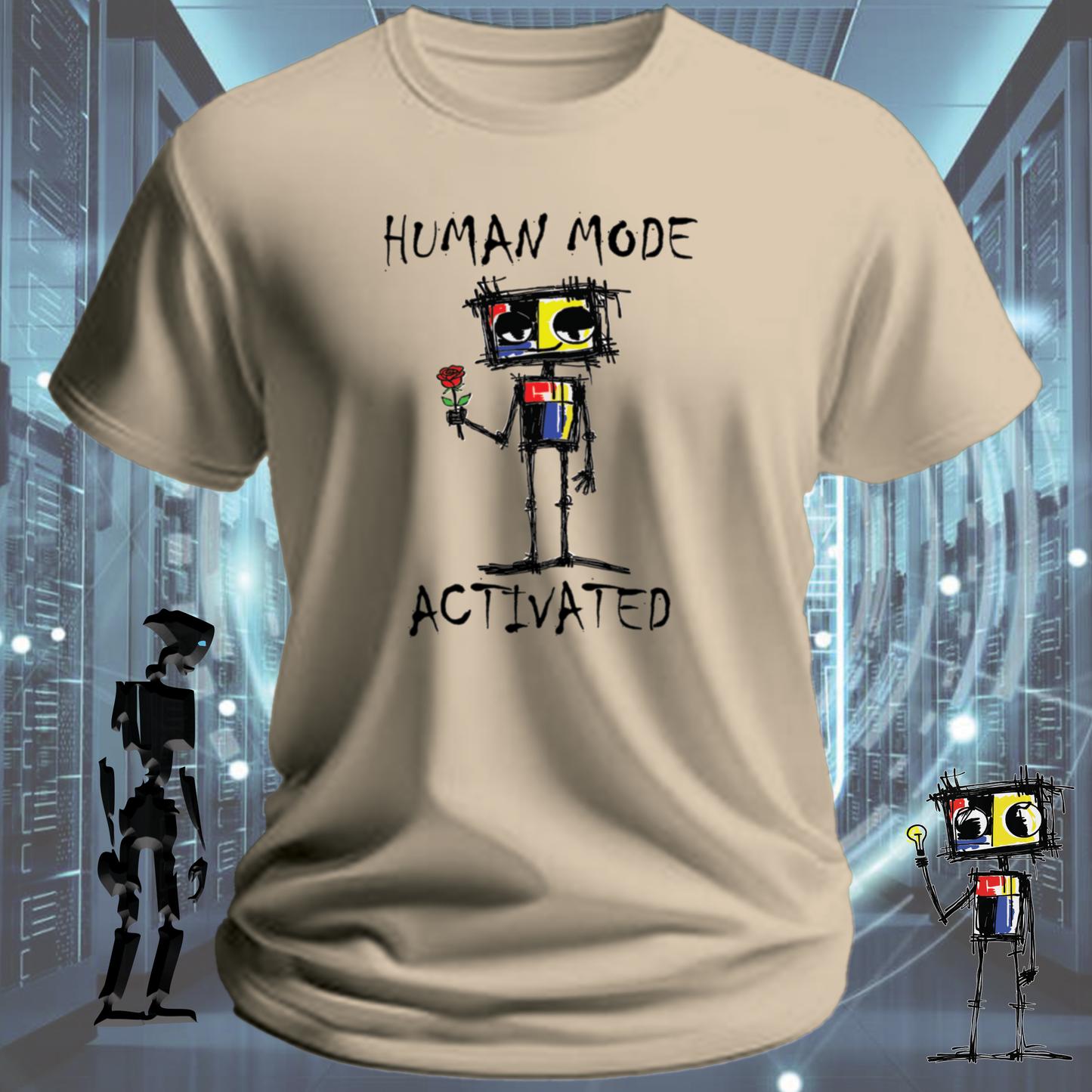 Human Mode funny robot t-shirt for tech workers and developers — close up | inkit.design