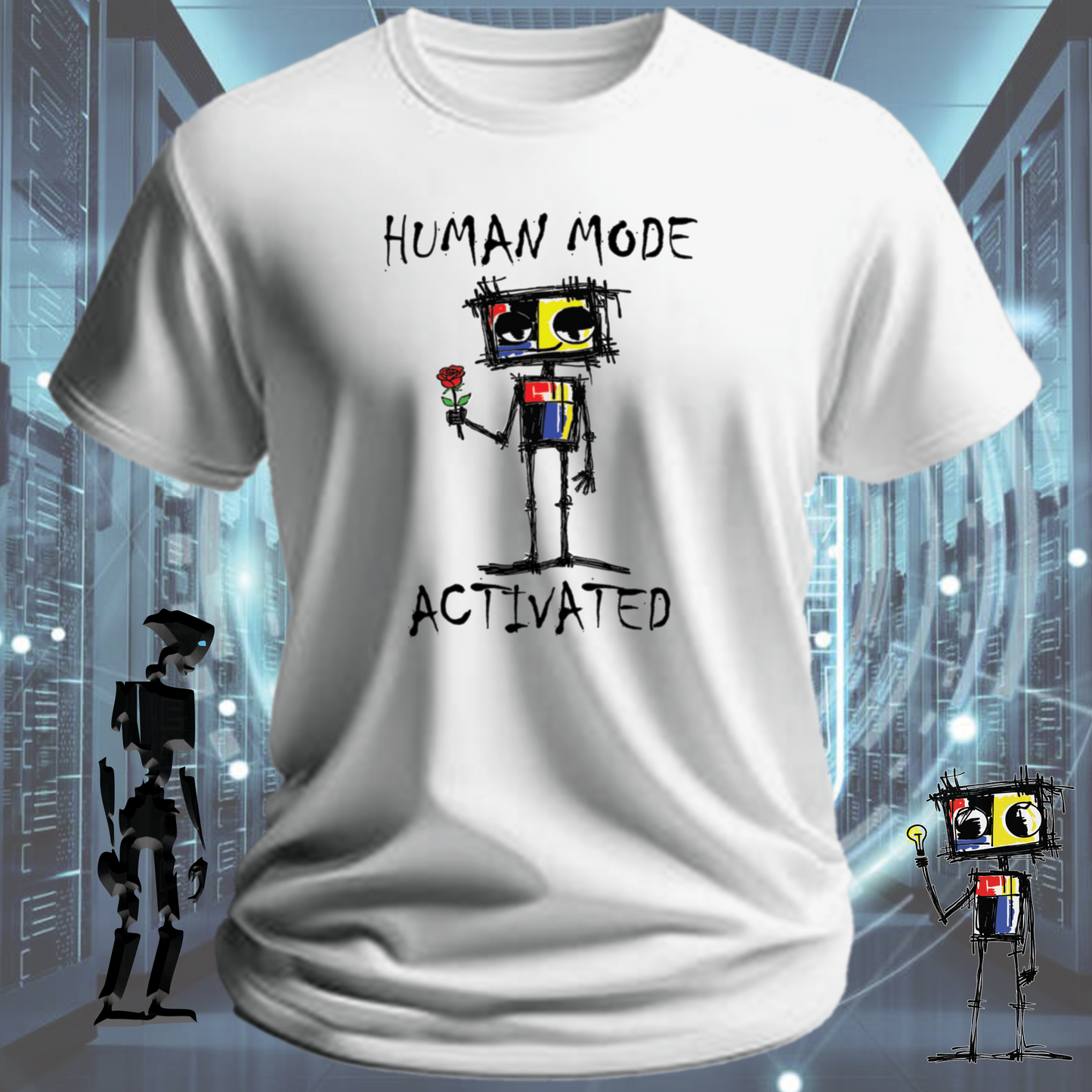 Human Mode funny robot t-shirt for tech workers and developers — flat lay | inkit.design