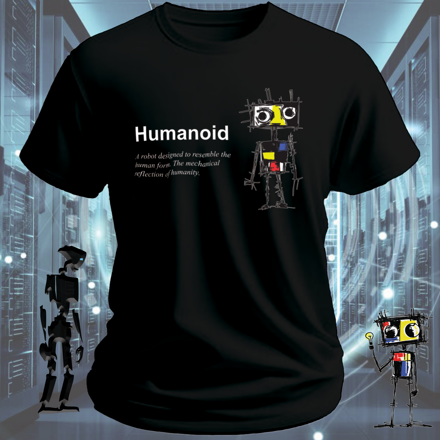 Humanoid graphic t-shirt for tech workers and AI enthusiasts — lifestyle shot | inkit.design