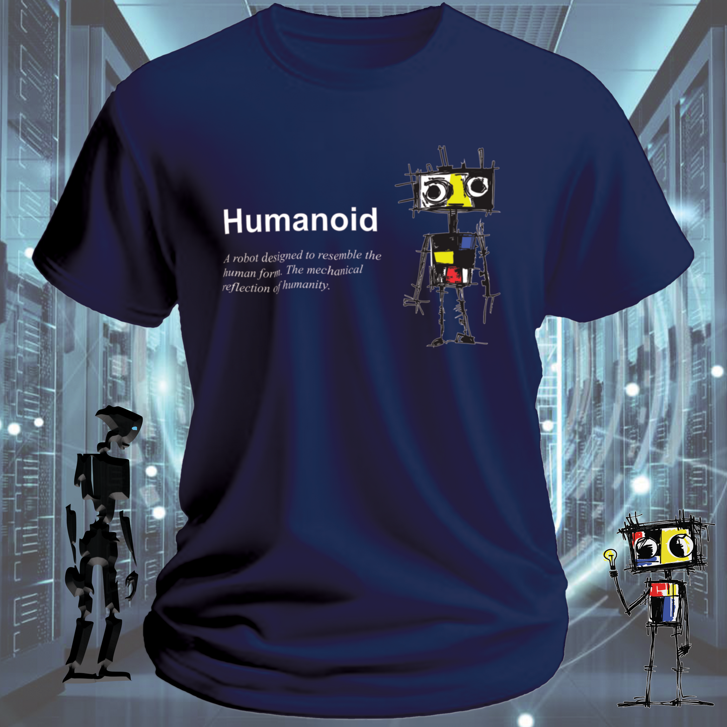 Humanoid graphic t-shirt for tech workers and AI enthusiasts — flat lay | inkit.design