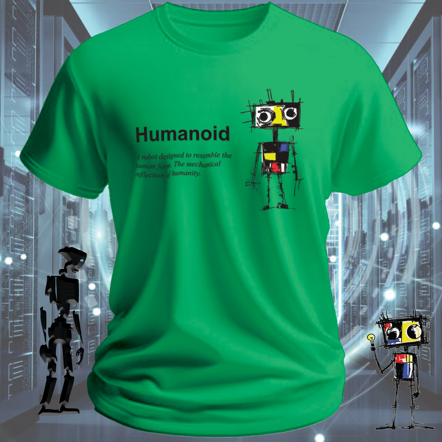 Humanoid graphic t-shirt for tech workers and AI enthusiasts — worn view | inkit.design