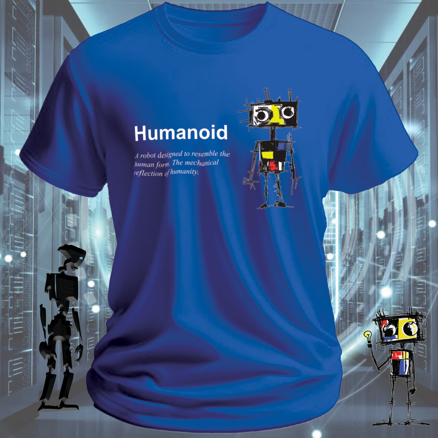 Humanoid graphic t-shirt for tech workers and AI enthusiasts — back view | inkit.design