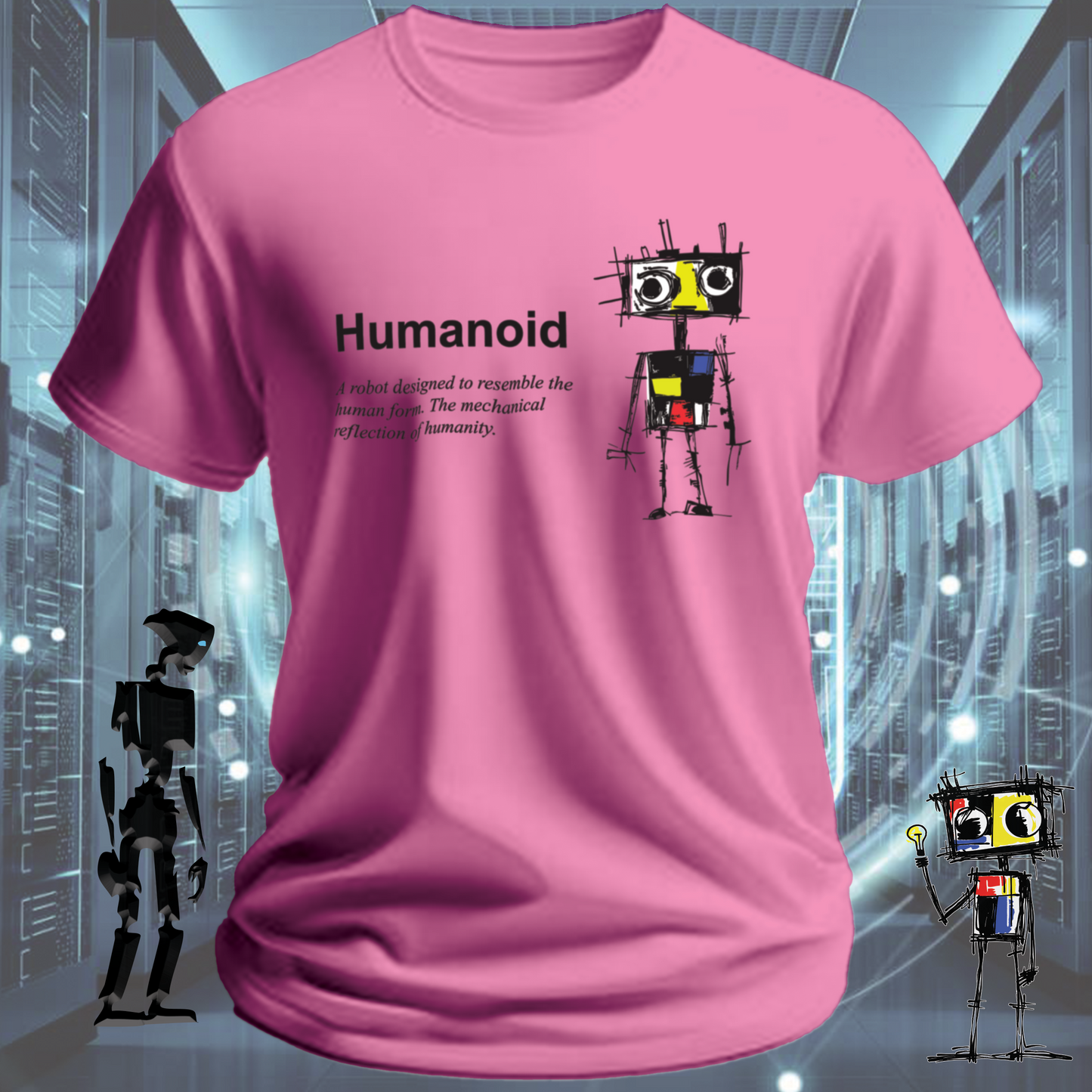 Humanoid graphic t-shirt for tech workers and AI enthusiasts — product detail | inkit.design