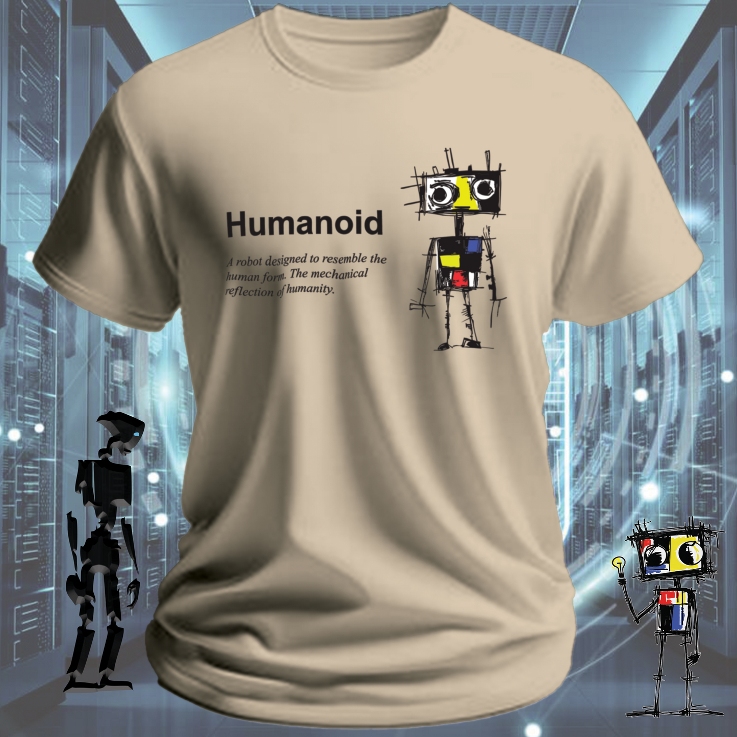 Humanoid graphic t-shirt for tech workers and AI enthusiasts — close up | inkit.design
