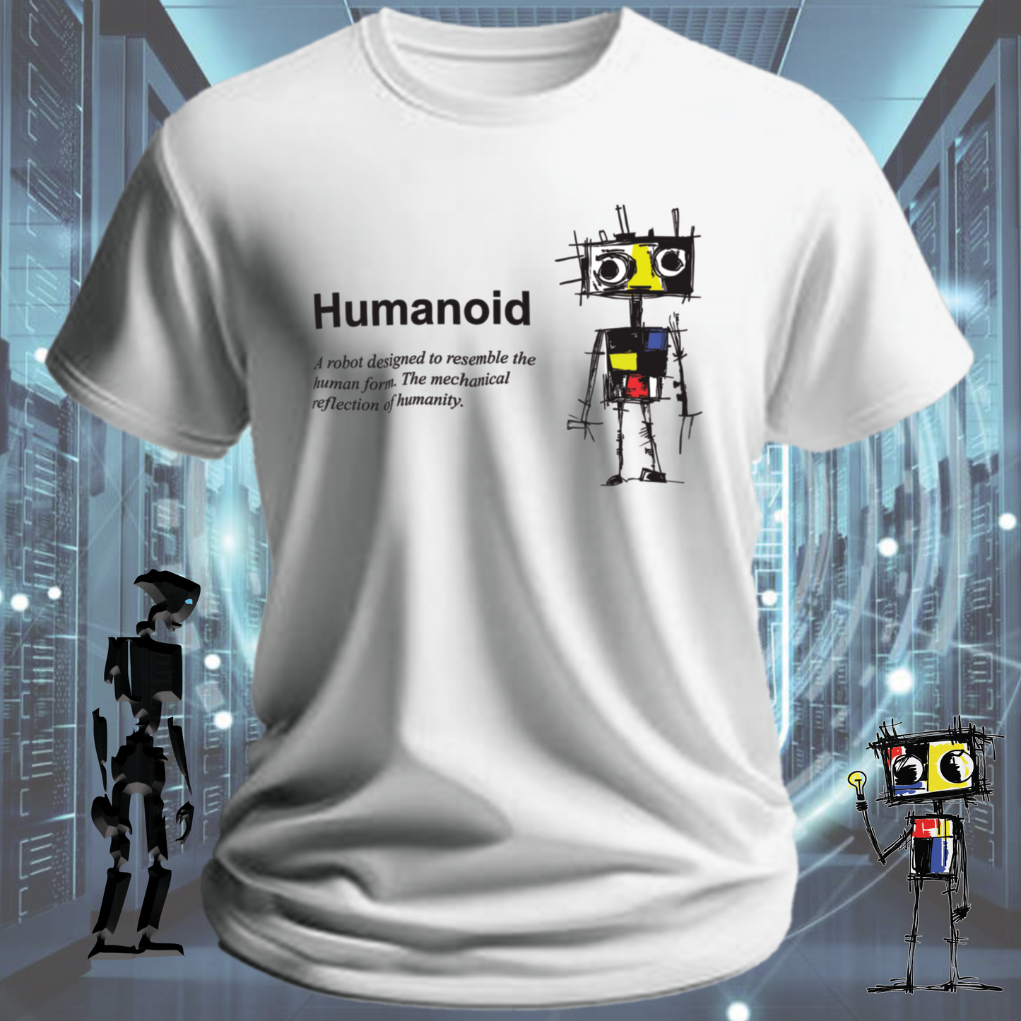 Humanoid graphic t-shirt for tech workers and AI enthusiasts — on model | inkit.design