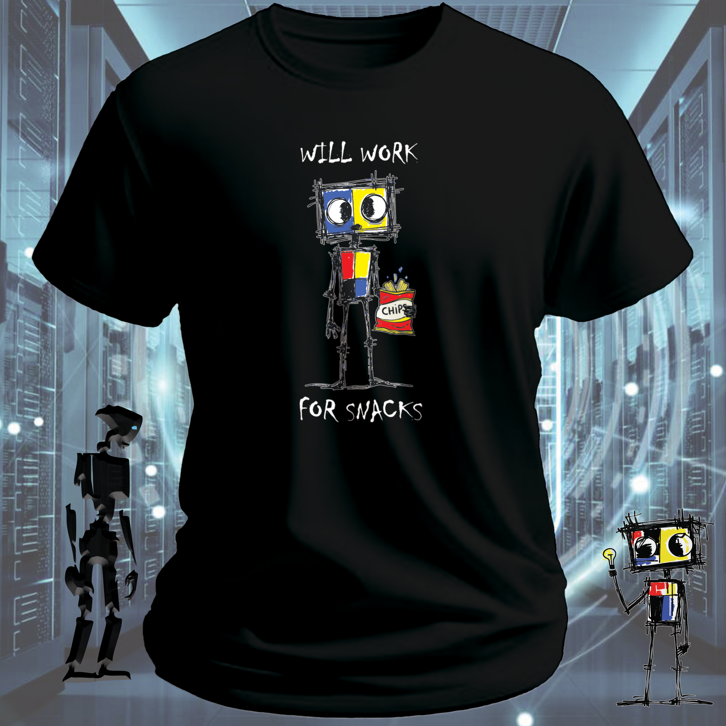 Will Work For funny tech t-shirt for IT professionals and developers — on model | inkit.design