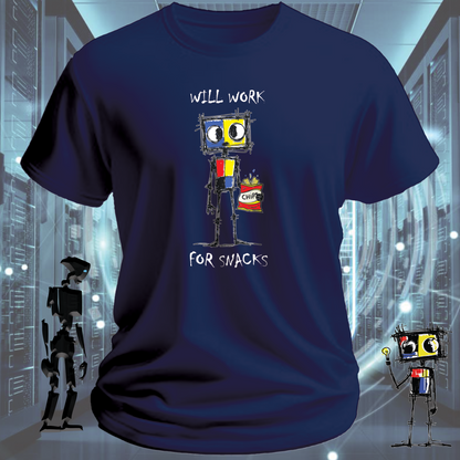 Will Work For funny tech t-shirt for IT professionals and developers — flat lay | inkit.design