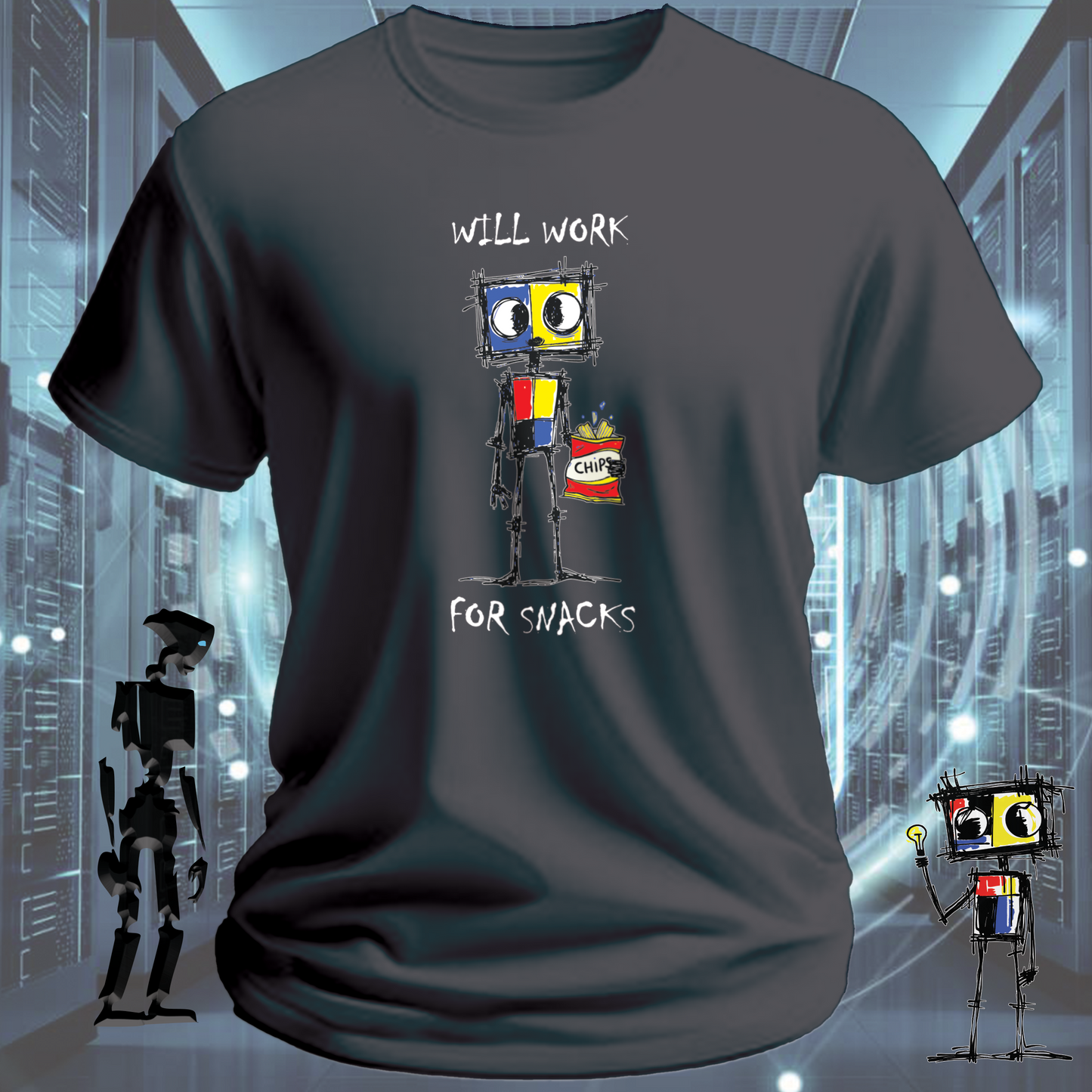 Will Work For funny tech t-shirt for IT professionals and developers — close up | inkit.design