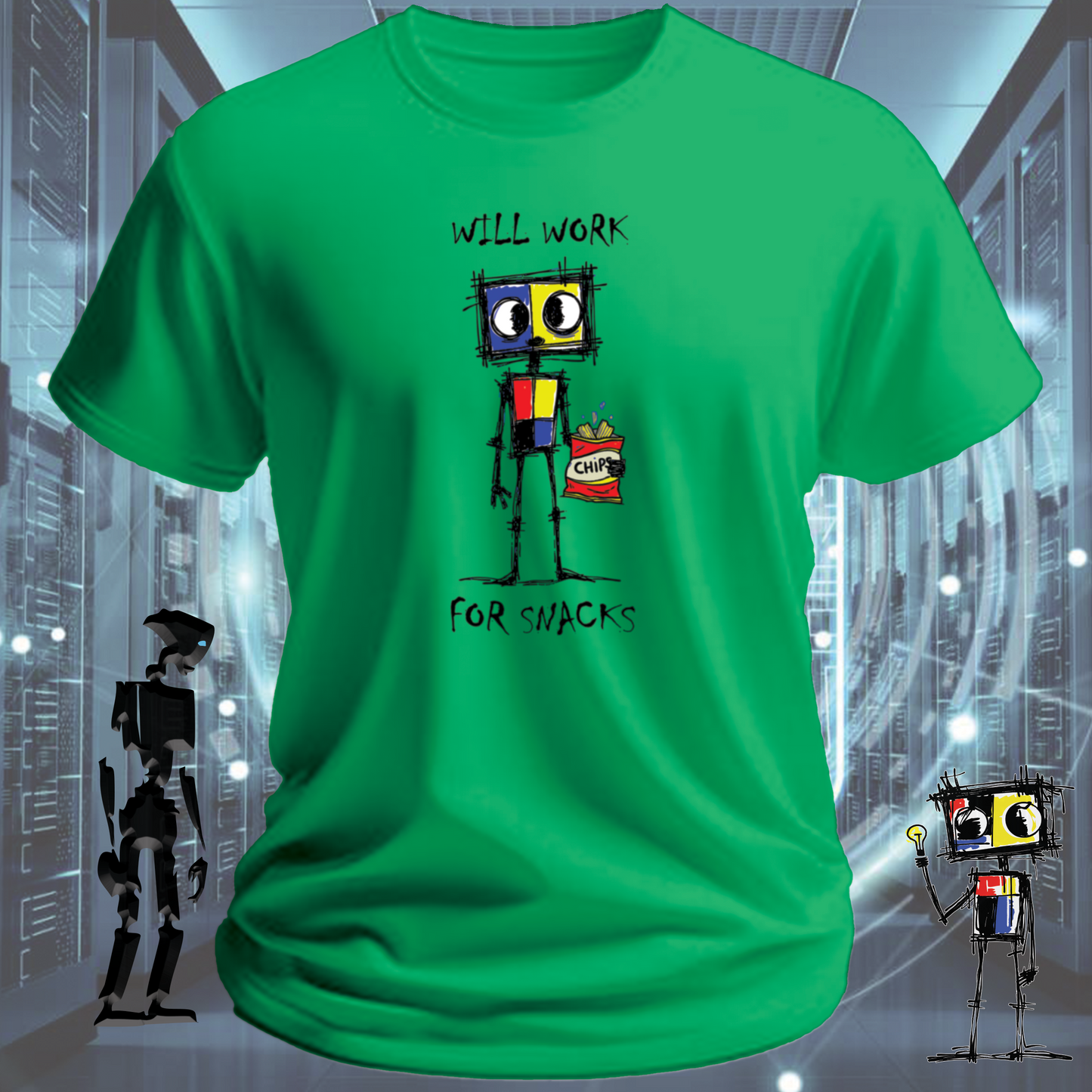 Will Work For funny tech t-shirt for IT professionals and developers — studio shot | inkit.design