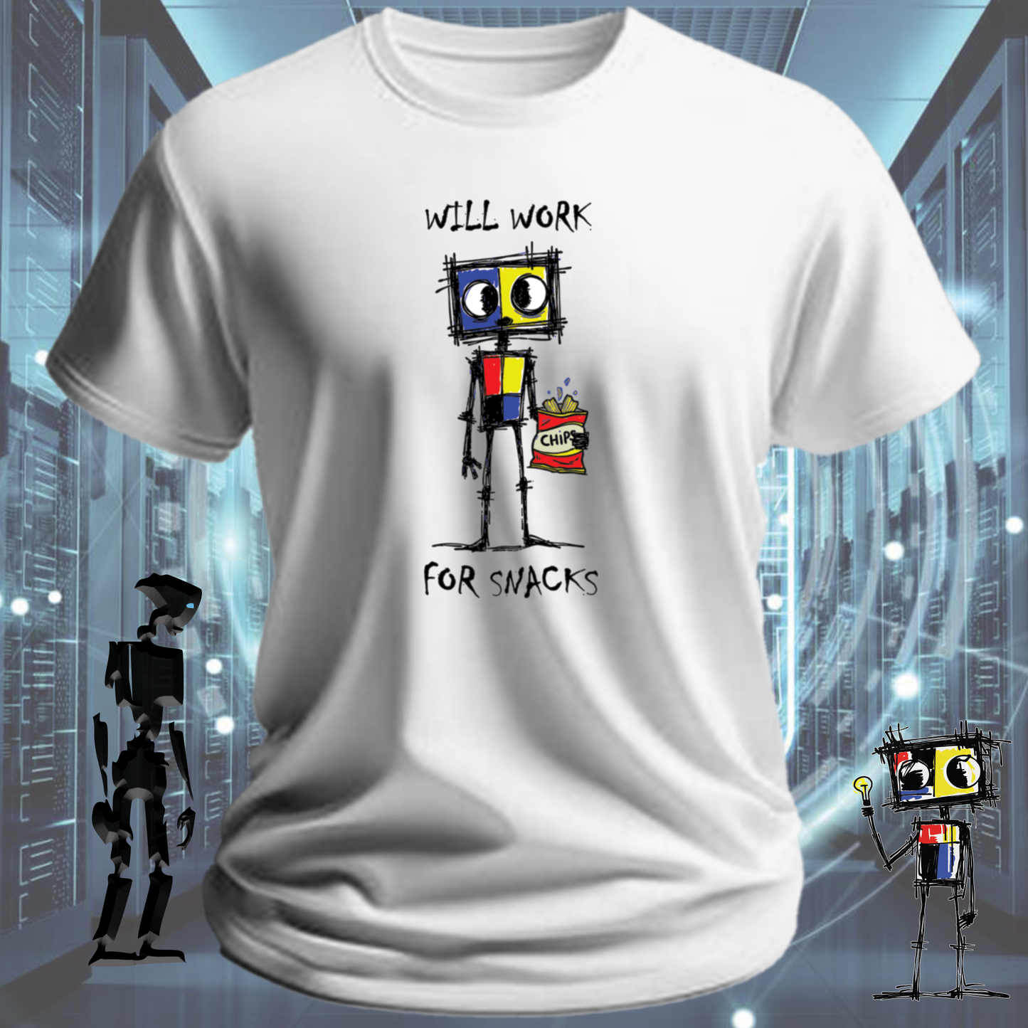 Will Work For funny tech t-shirt for IT professionals and developers — lifestyle shot | inkit.design