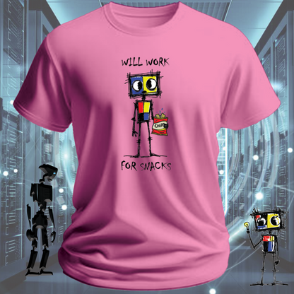 Will Work For funny tech t-shirt for IT professionals and developers — worn view | inkit.design