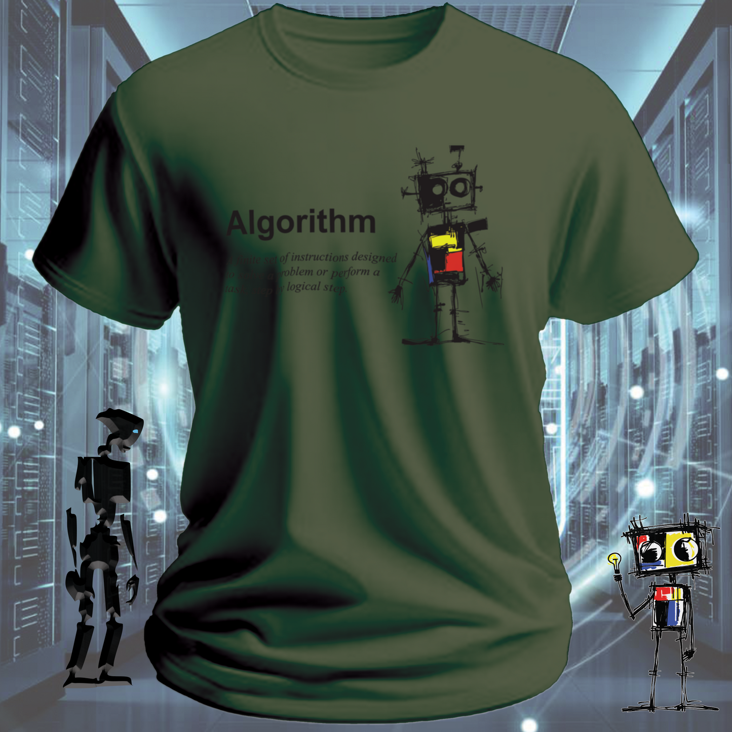 Algorithm funny developer t-shirt for data scientists and software engineers — close up | inkit.design