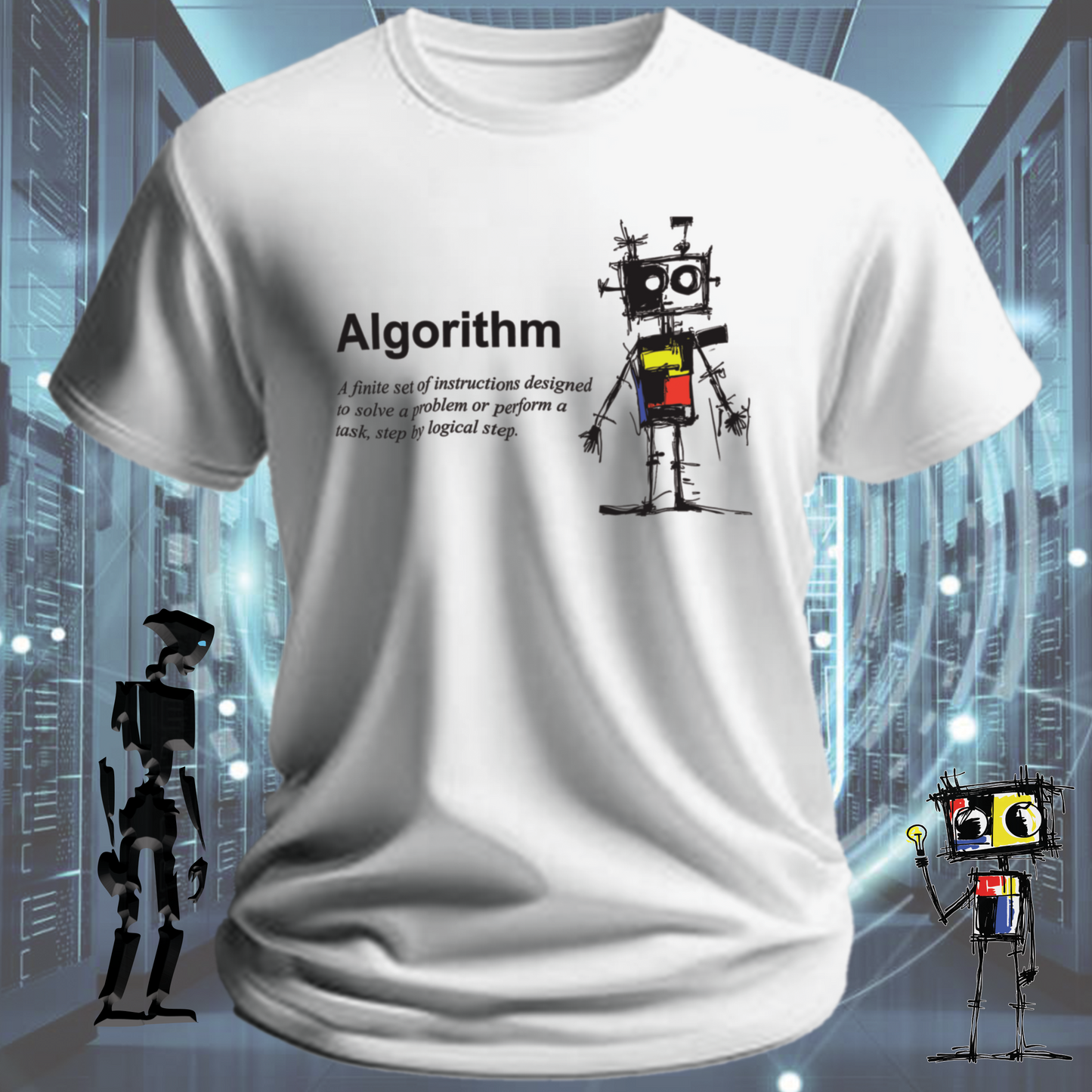 Algorithm funny developer t-shirt for data scientists and software engineers — on model | inkit.design