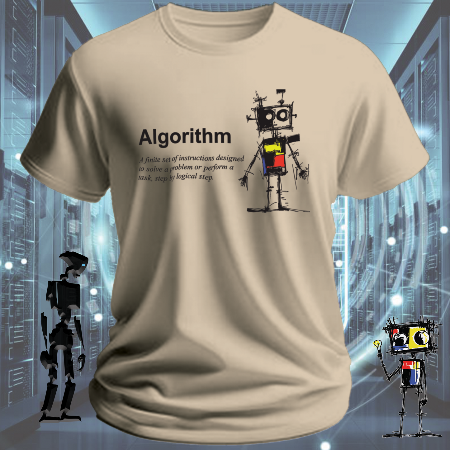 Algorithm funny developer t-shirt for data scientists and software engineers — flat lay | inkit.design