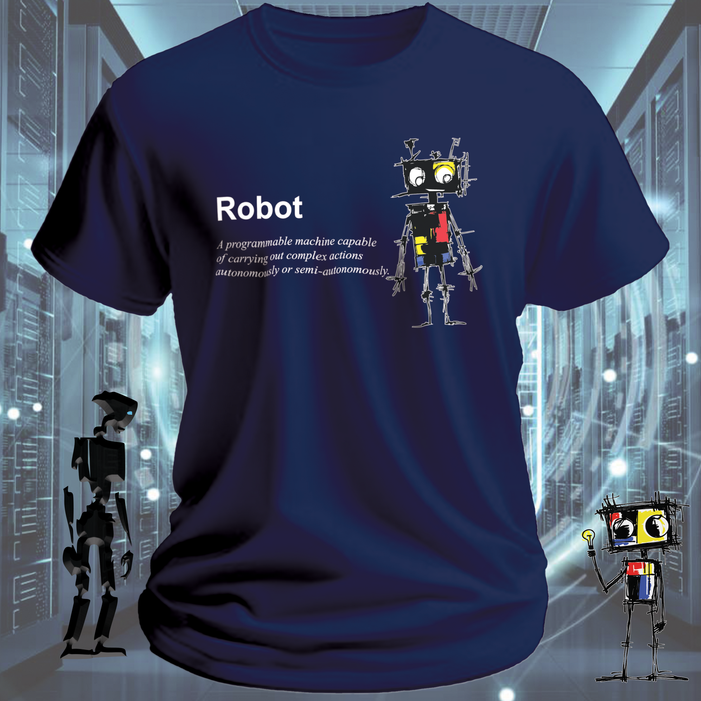 Robot Defined graphic t-shirt for engineers and technologists — close up | inkit.design