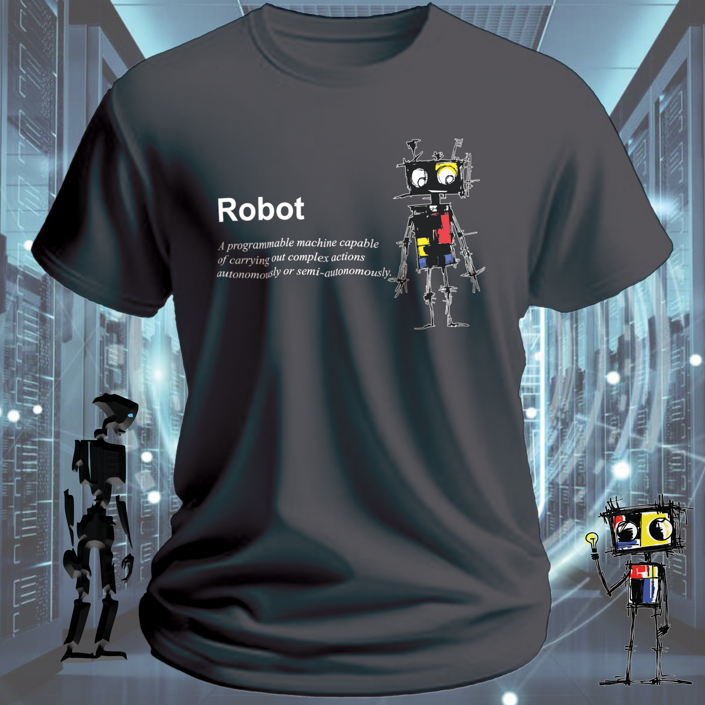 Robot Defined graphic t-shirt for engineers and technologists — on model | inkit.design