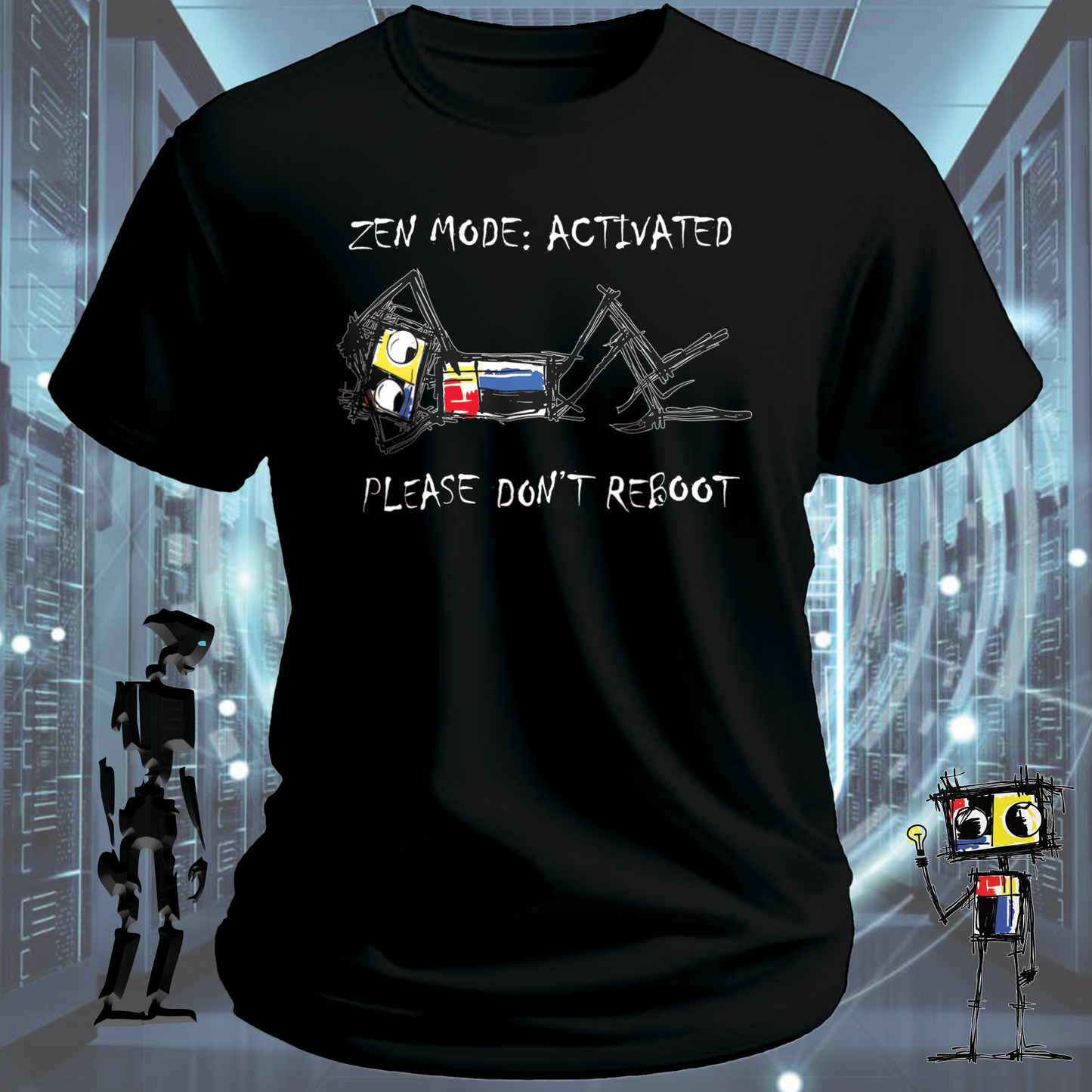Zen Mode funny tech t-shirt for developers and engineers in deep focus — lifestyle shot | inkit.design